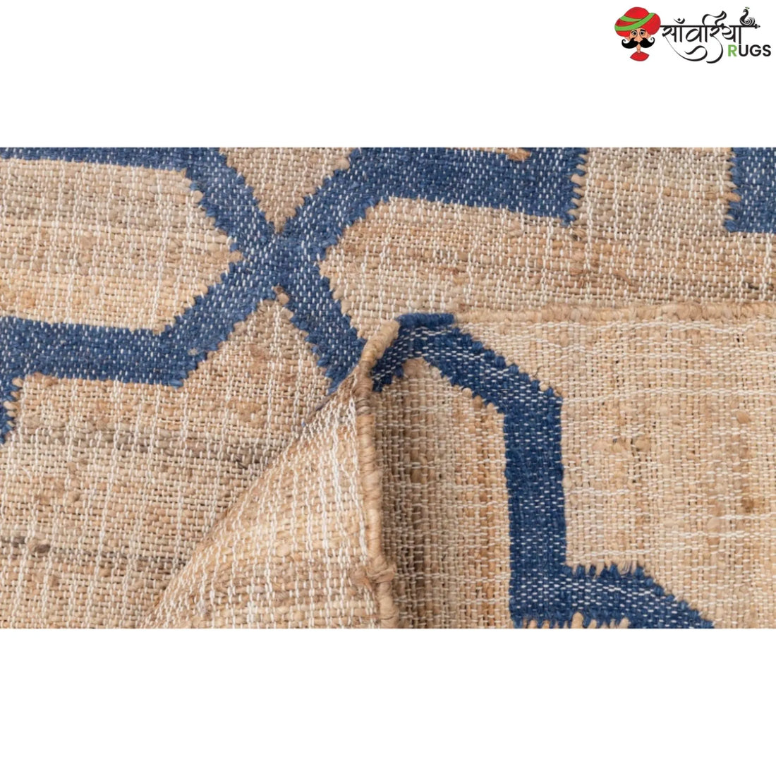 Hand-Knotted Mosaic Jute Rug with Blue Trellis Pattern