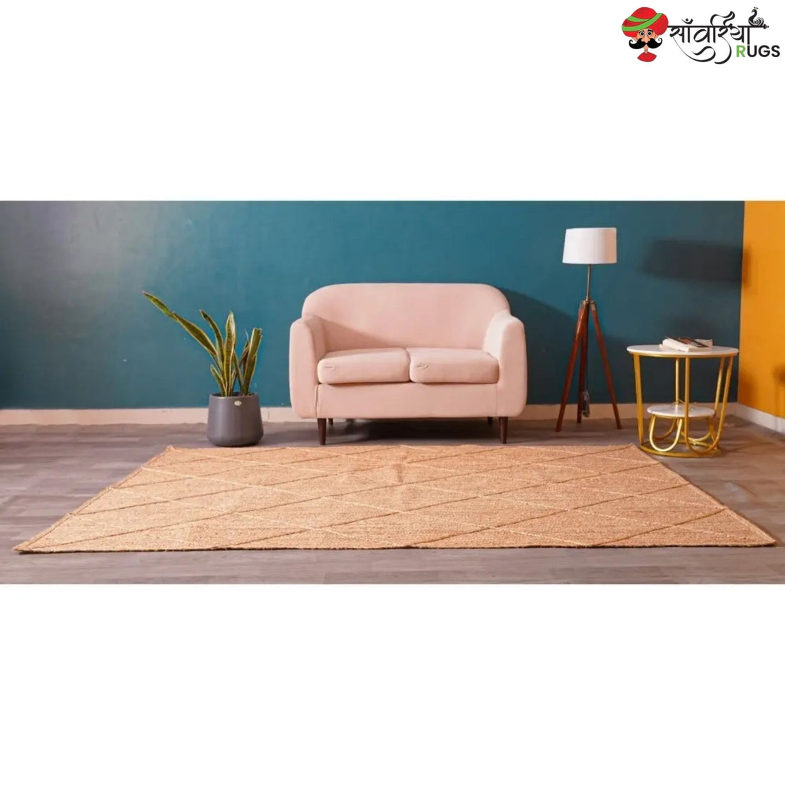 Hand-Braided Natural Jute Rug with White Diamond Pattern