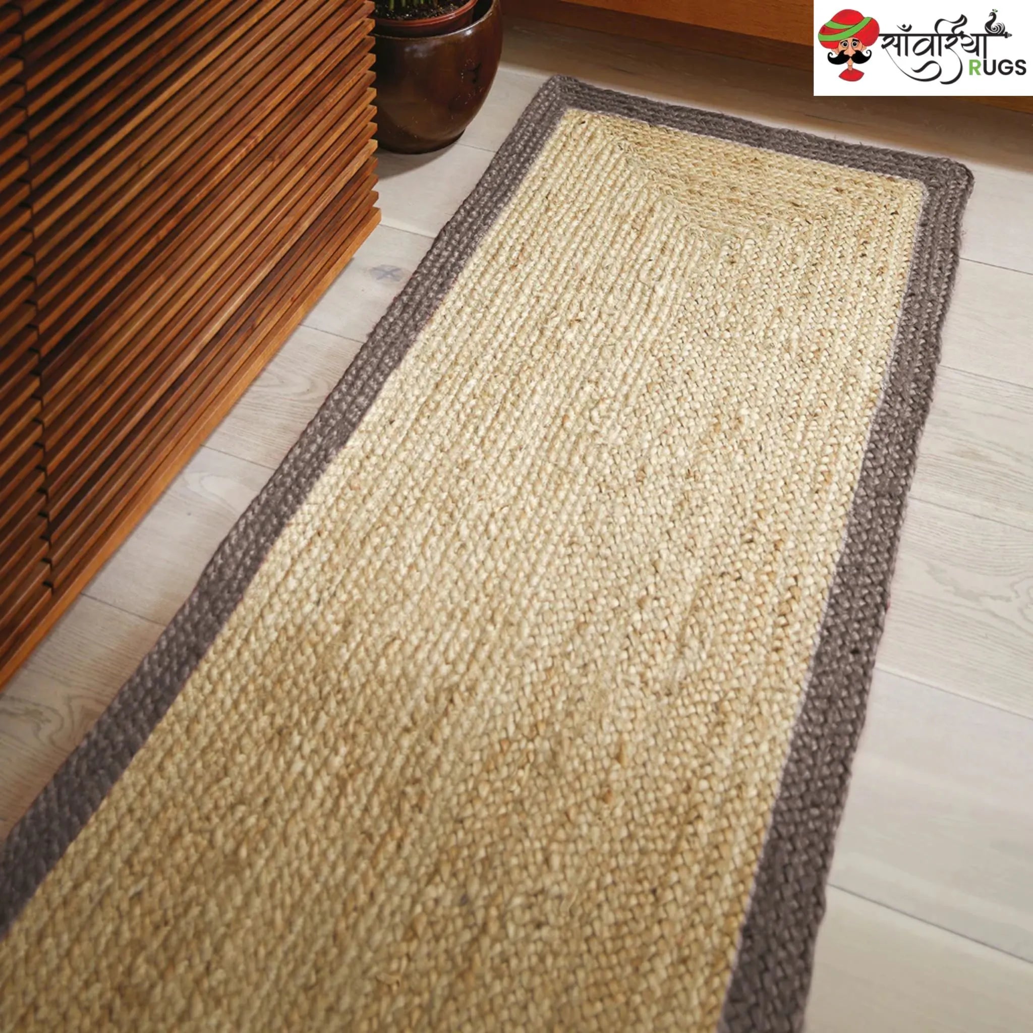 Hand-Woven Natural Jute Runner Rug with Multicolor Border
