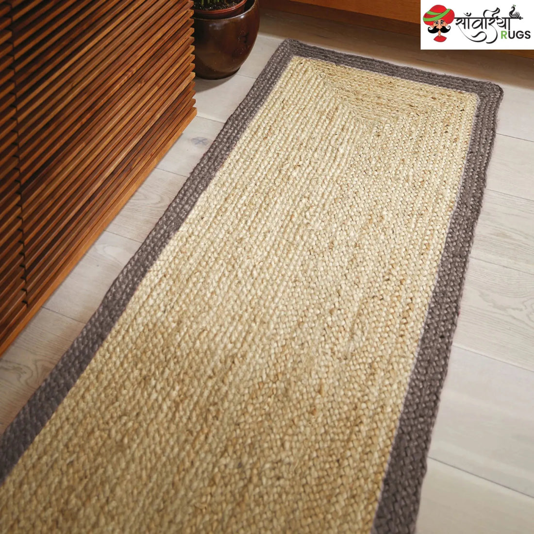 Hand-Woven Natural Jute Runner Rug with Multicolor Border