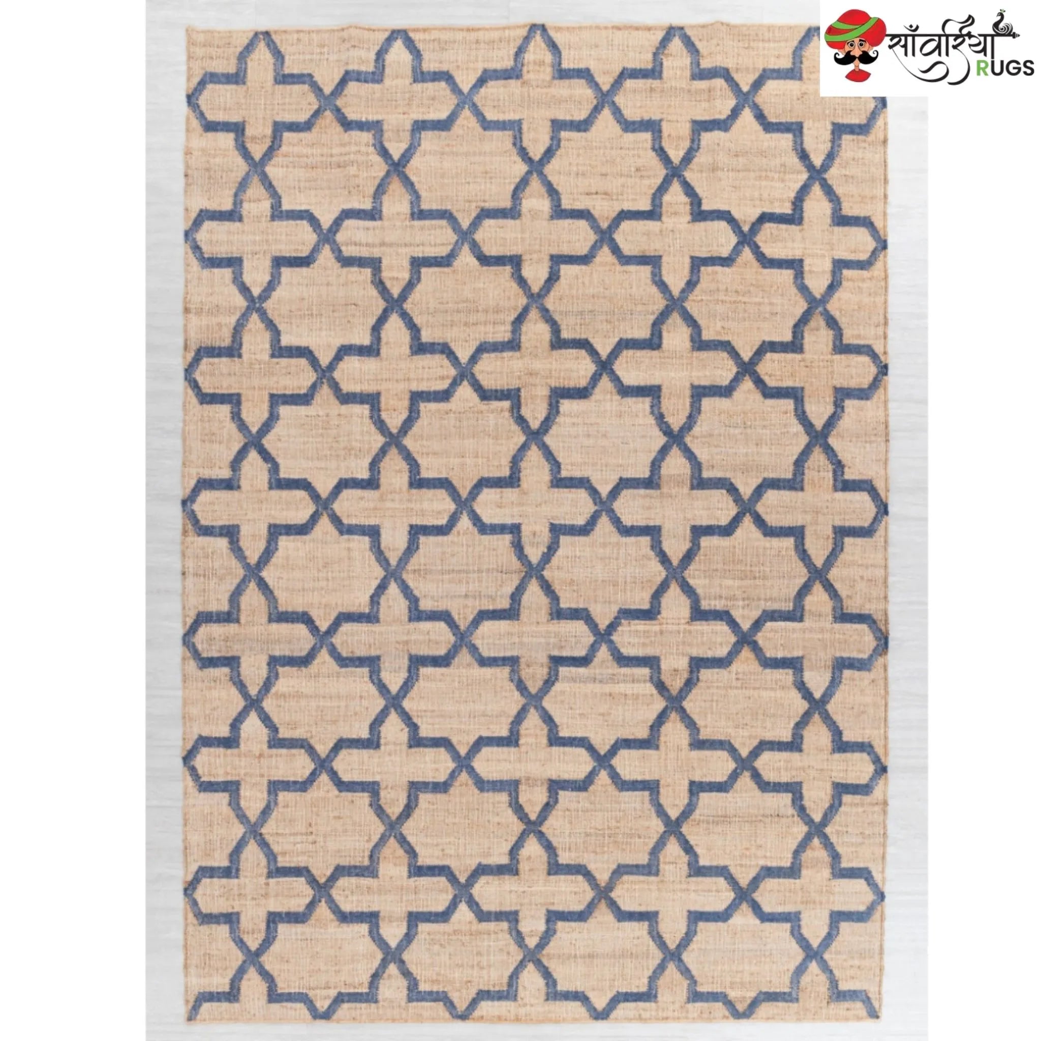 Hand-Knotted Mosaic Jute Rug with Blue Trellis Pattern