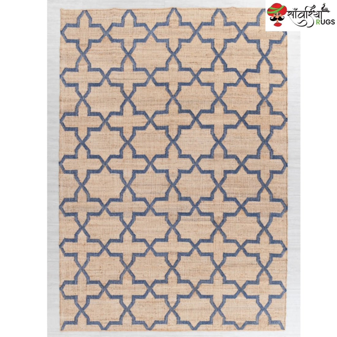 Hand-Knotted Mosaic Jute Rug with Blue Trellis Pattern