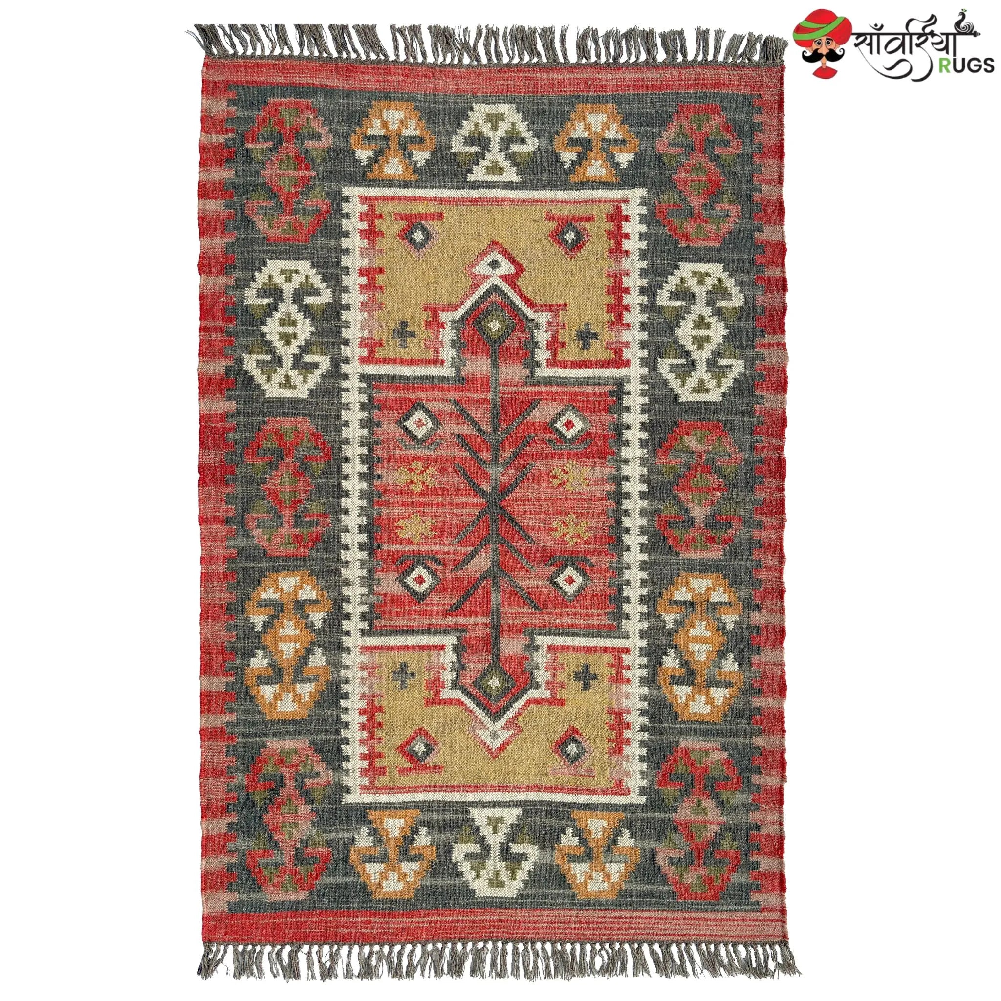 Handwoven Rustic Jute Wool Kilim Area Rug with Geometric Pattern