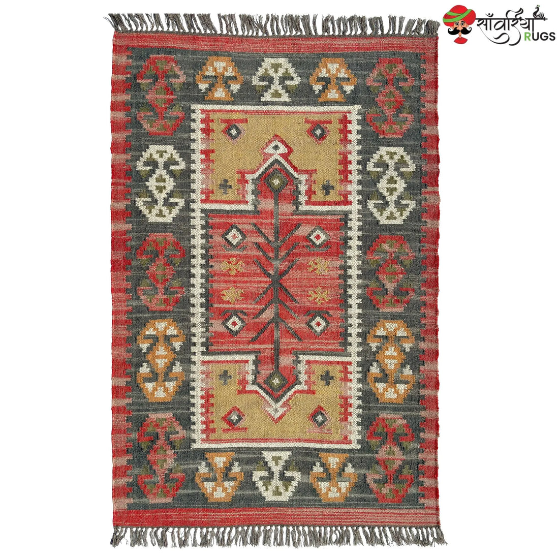 Handwoven Rustic Jute Wool Kilim Area Rug with Geometric Pattern