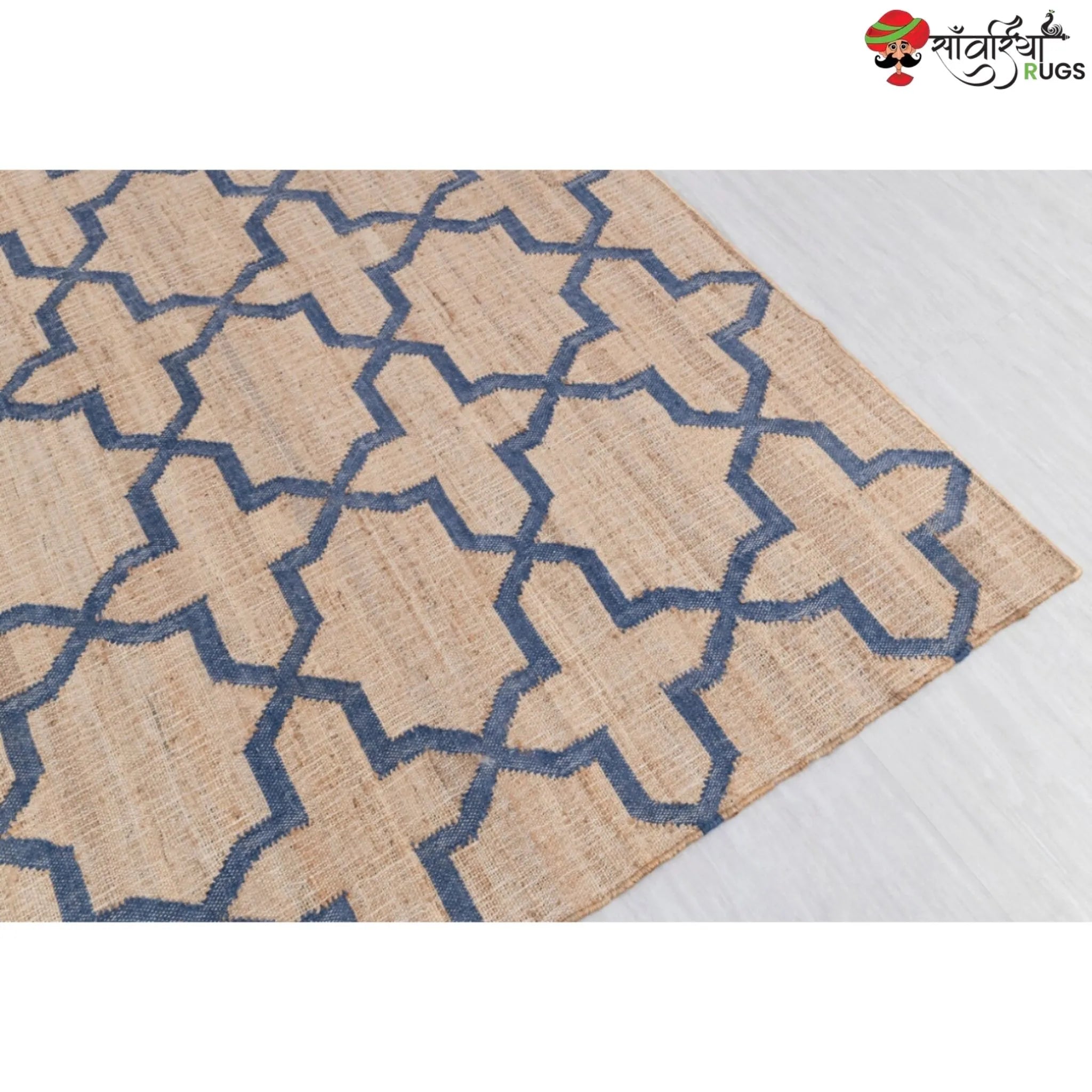 Hand-Knotted Mosaic Jute Rug with Blue Trellis Pattern