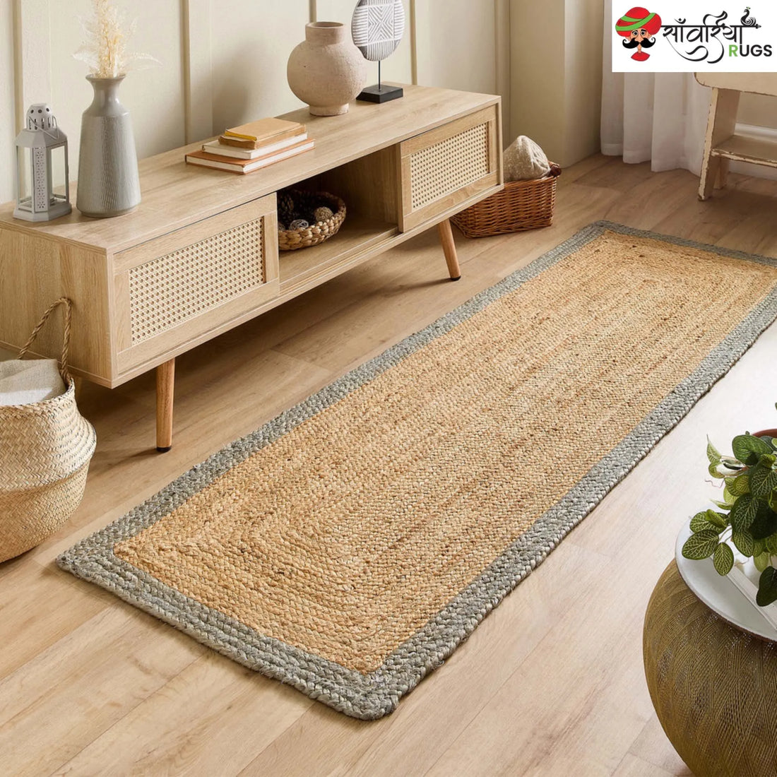Hand-Woven Natural Jute Runner Rug with Multicolor Border