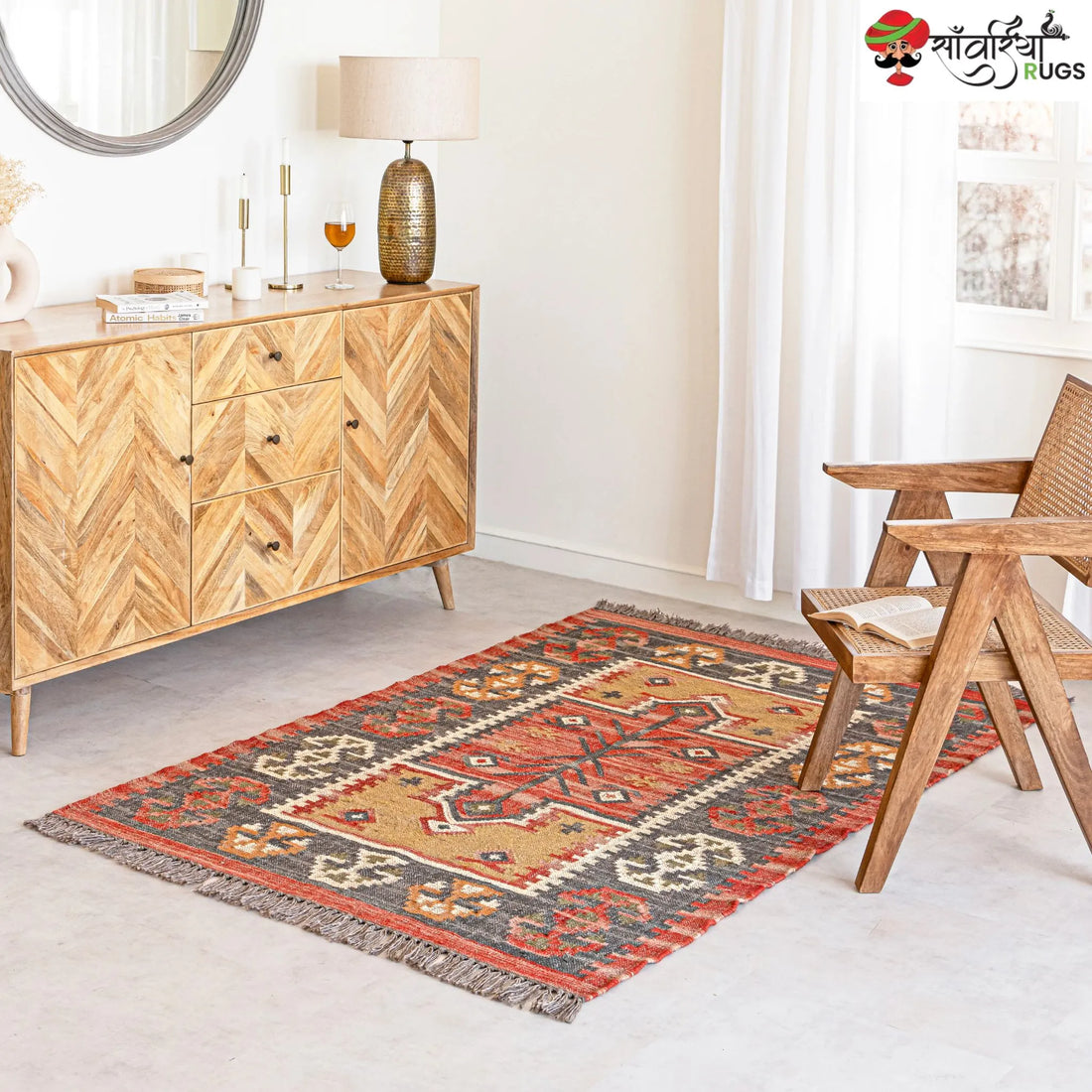 Handwoven Rustic Jute Wool Kilim Area Rug with Geometric Pattern