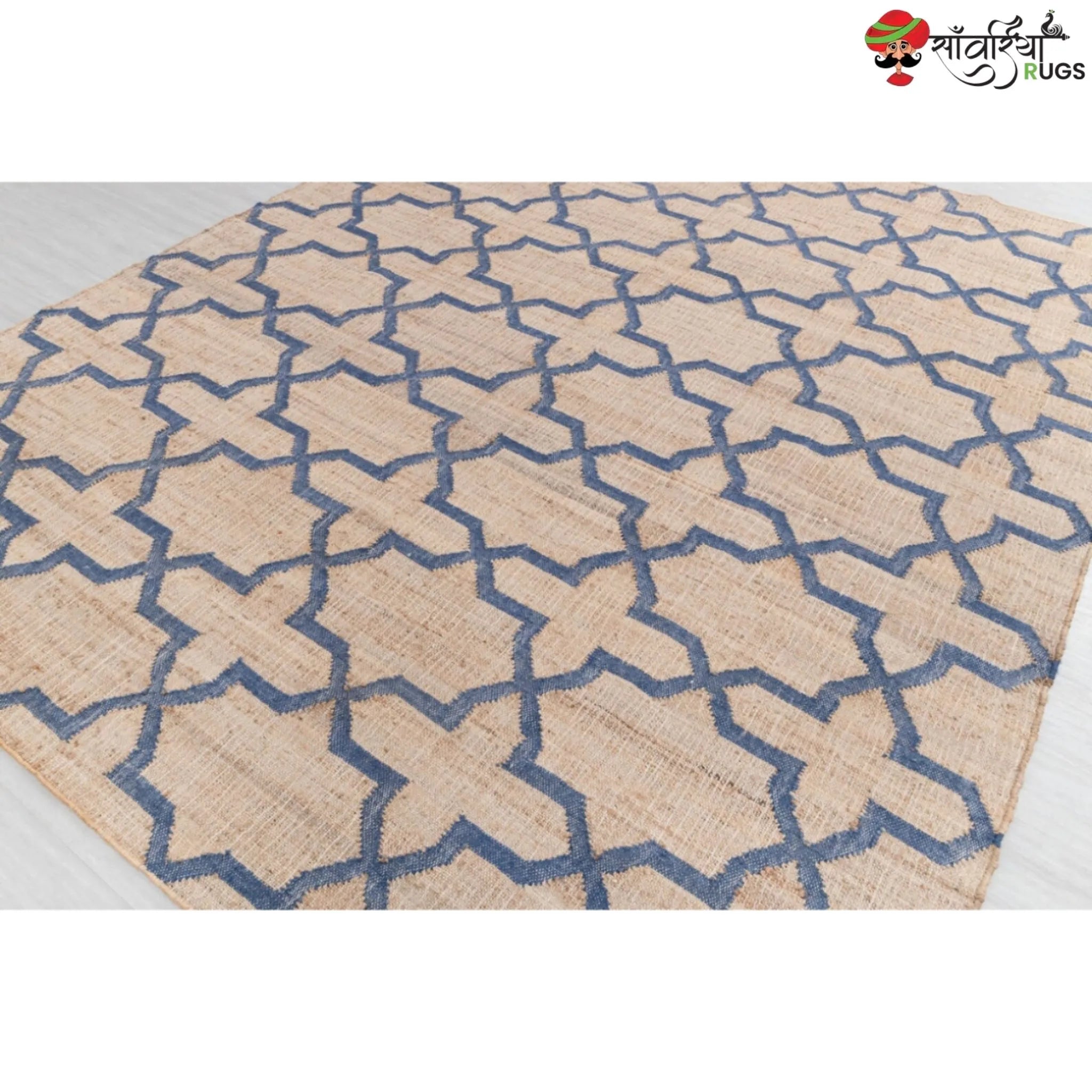 Hand-Knotted Mosaic Jute Rug with Blue Trellis Pattern