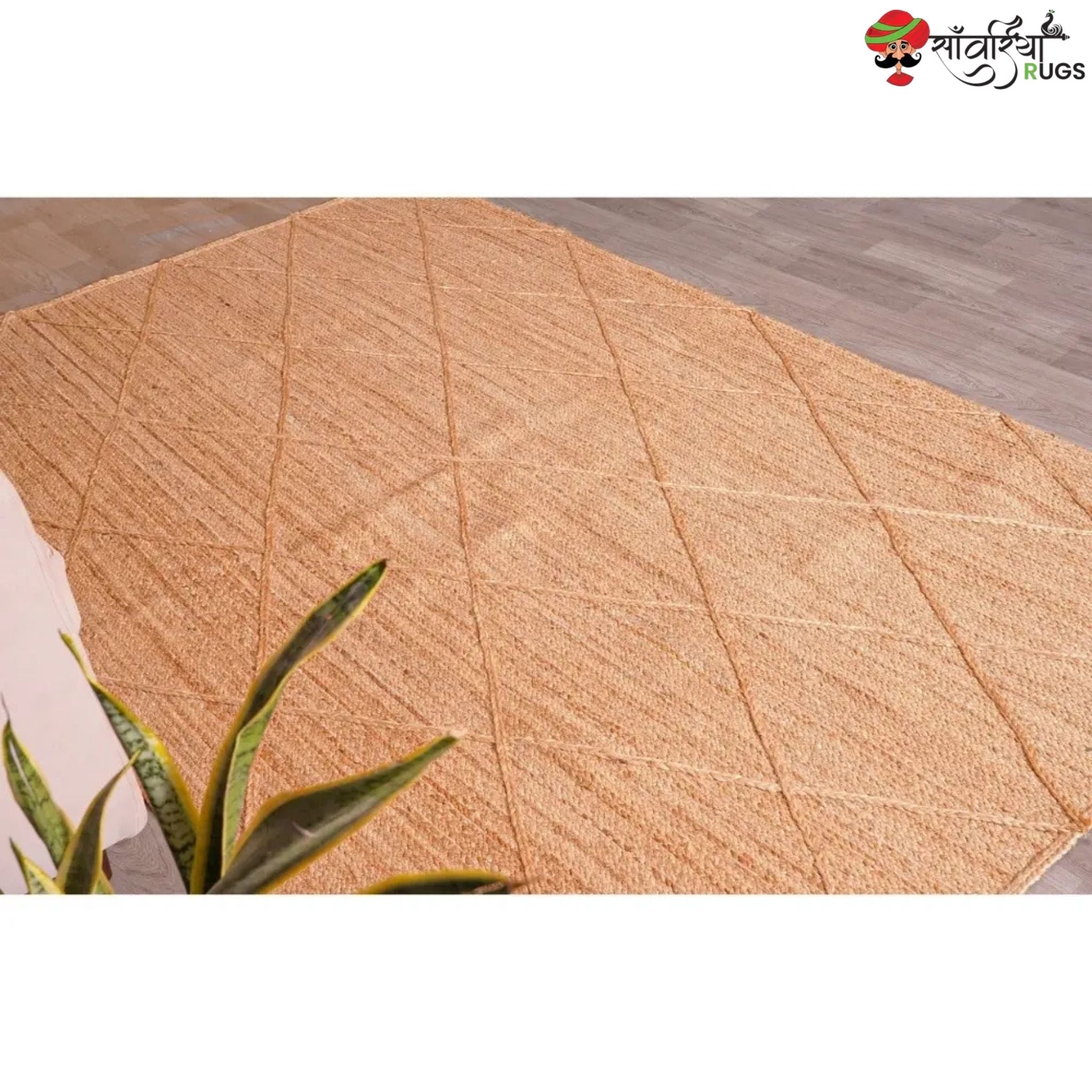 Hand-Braided Natural Jute Rug with White Diamond Pattern