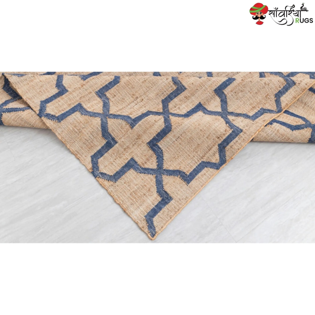 Hand-Knotted Mosaic Jute Rug with Blue Trellis Pattern