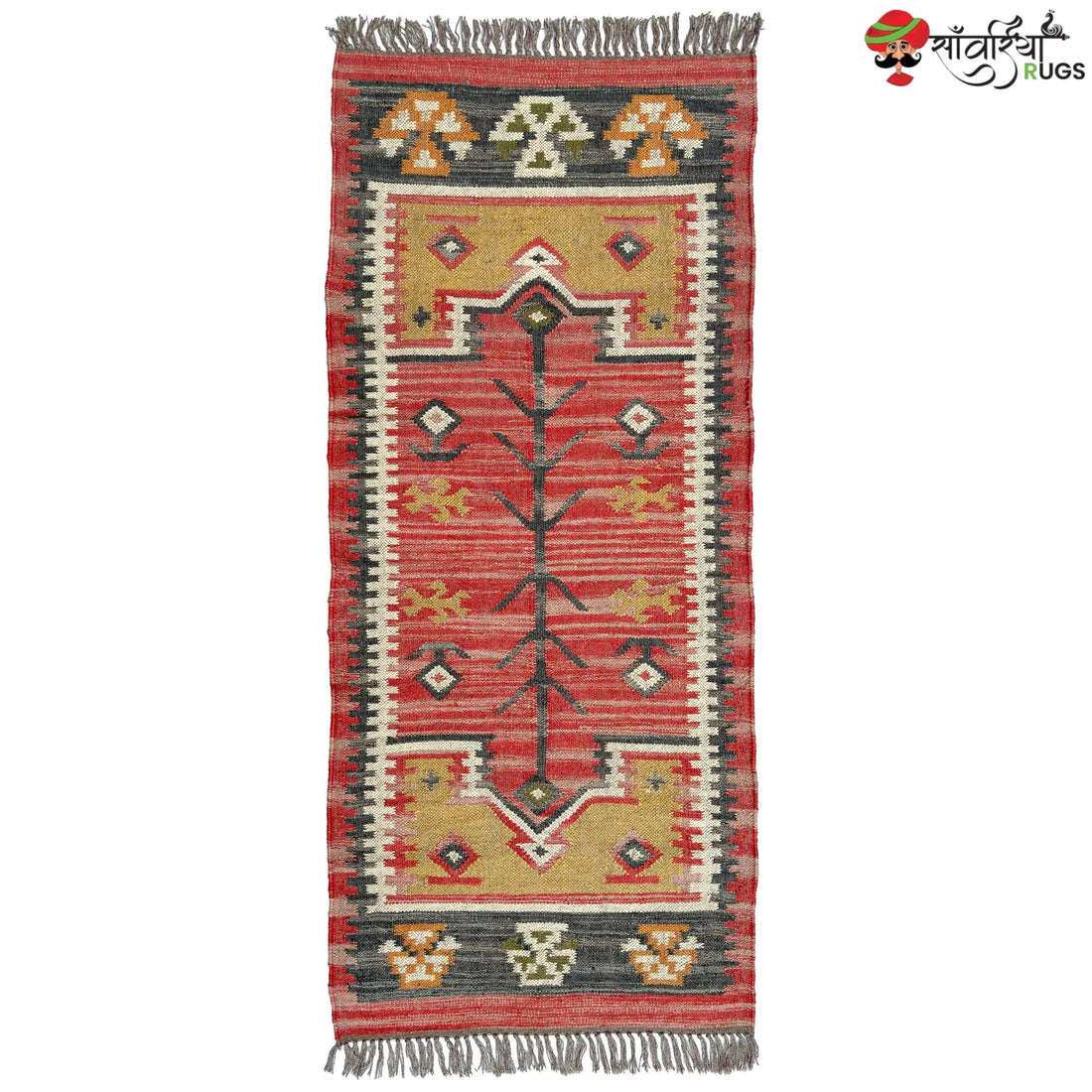 Handwoven Rustic Jute Wool Kilim Area Rug with Geometric Pattern