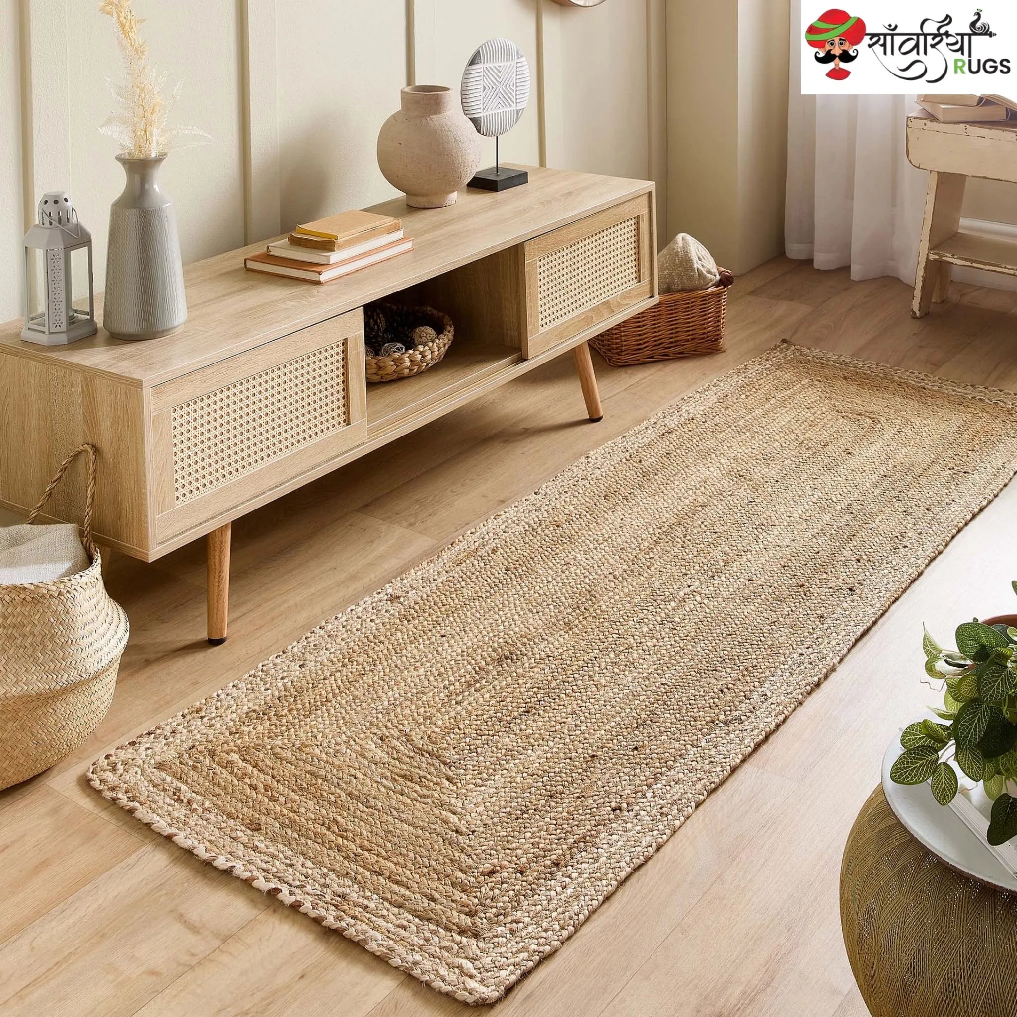 Hand-Woven Natural Jute Runner Rug with Multicolor Border