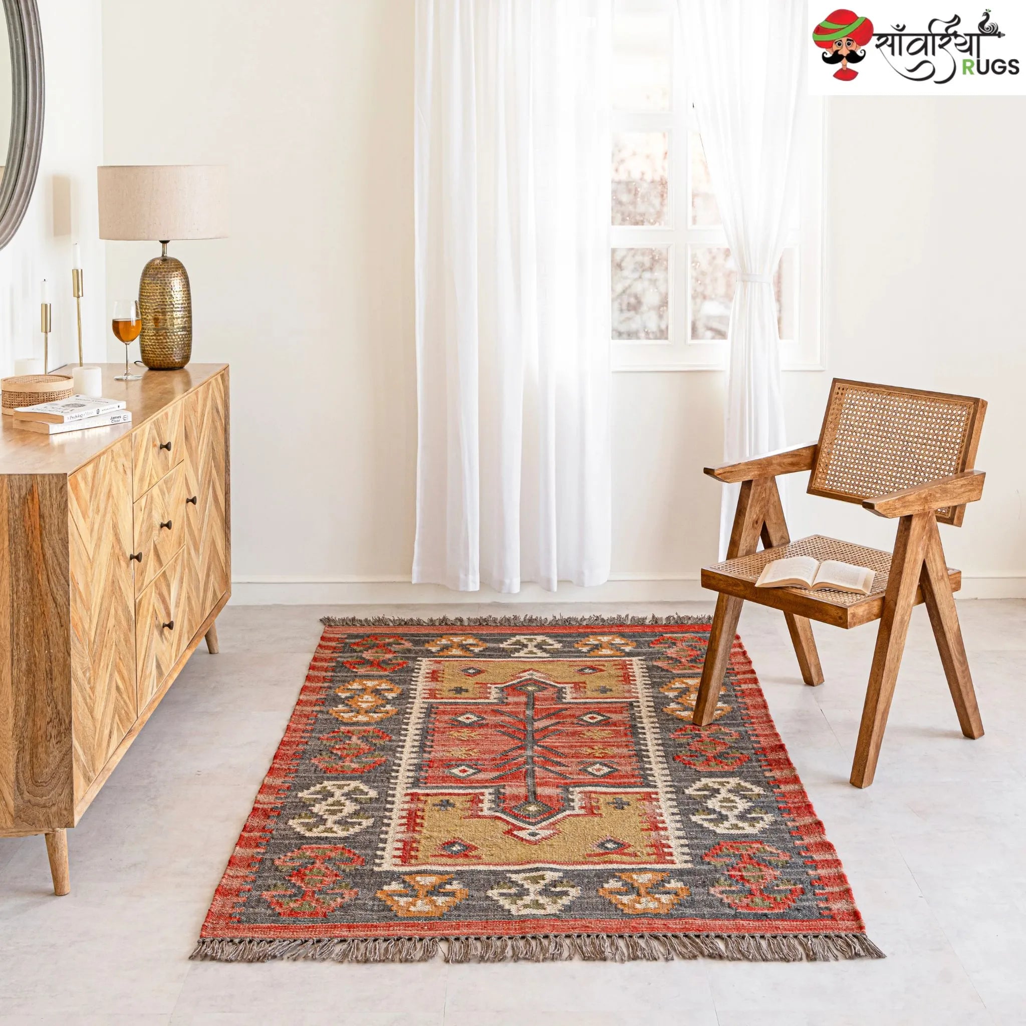 Handwoven Rustic Jute Wool Kilim Area Rug with Geometric Pattern