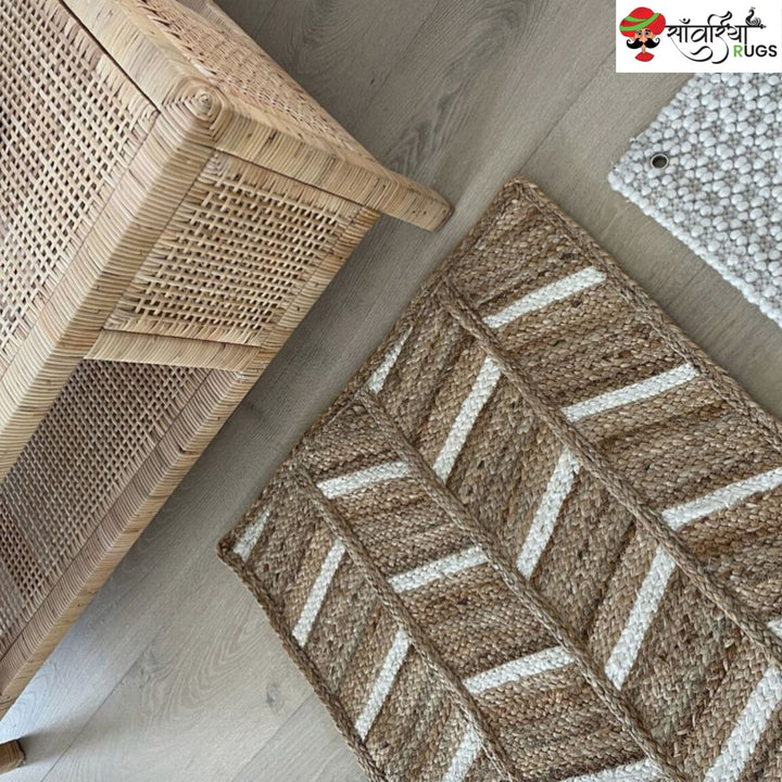 Handmade Jute Carpet with Brown & White Chevron Pattern