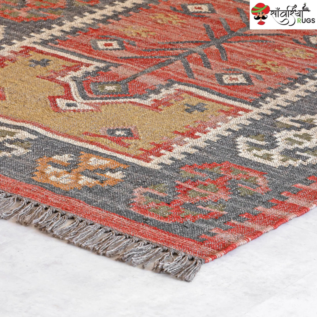 Handwoven Rustic Jute Wool Kilim Area Rug with Geometric Pattern