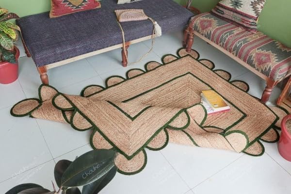 Scalloped Edge Hand Braided Jute Rectangle Rug with Custom Color Border