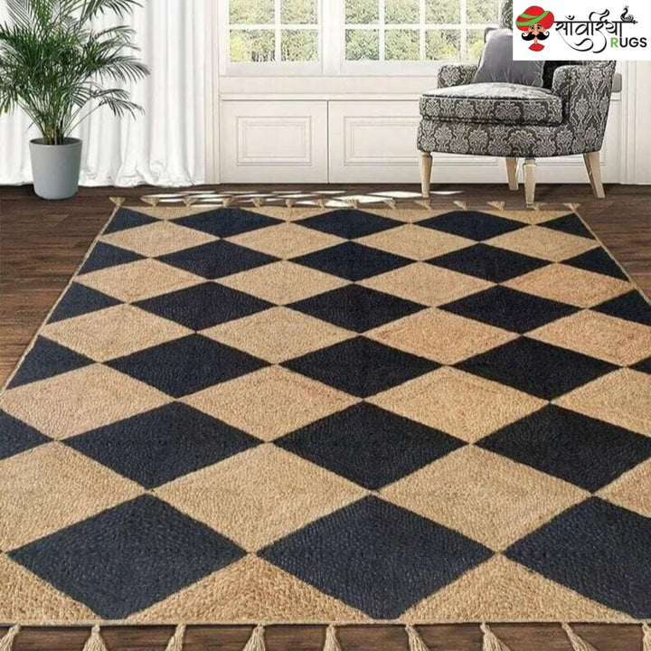 Handwoven Braided Jute Rug with Black Diamond Pattern & Tassels
