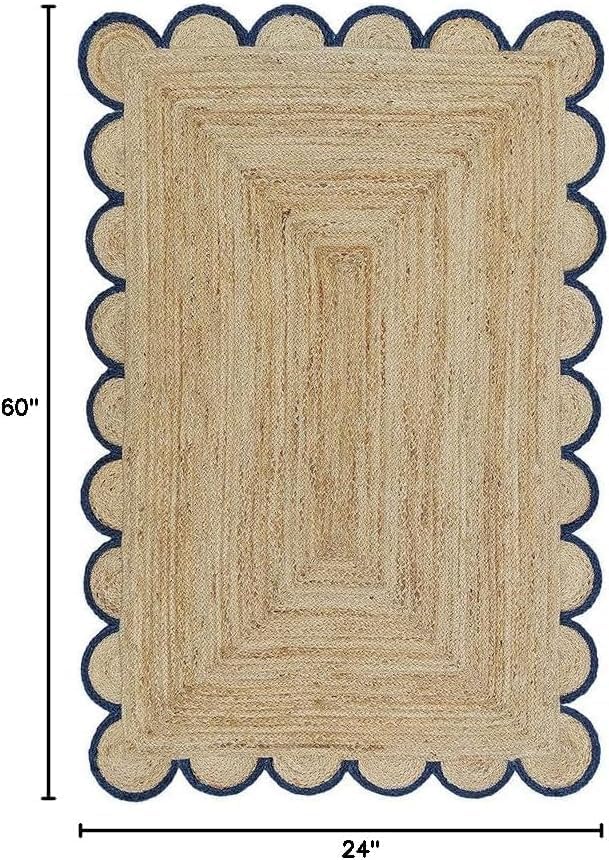 Handwoven Jute Rug – Scalloped Edge Rectangular Braided Decorative Rug