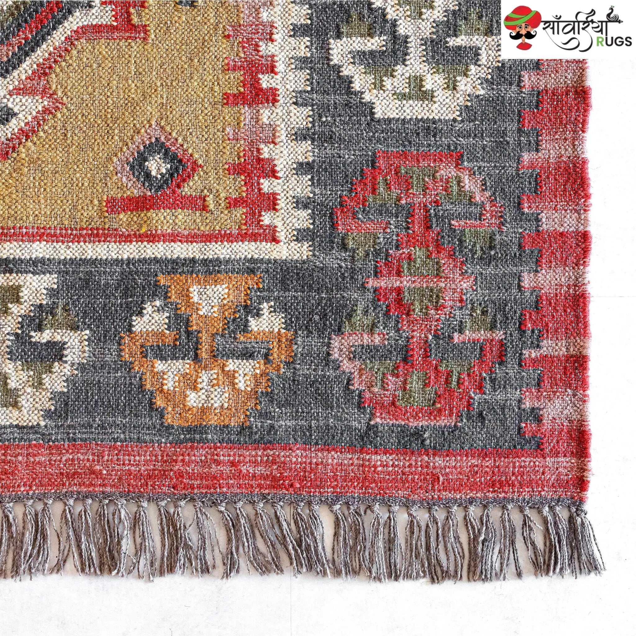 Handwoven Rustic Jute Wool Kilim Area Rug with Geometric Pattern