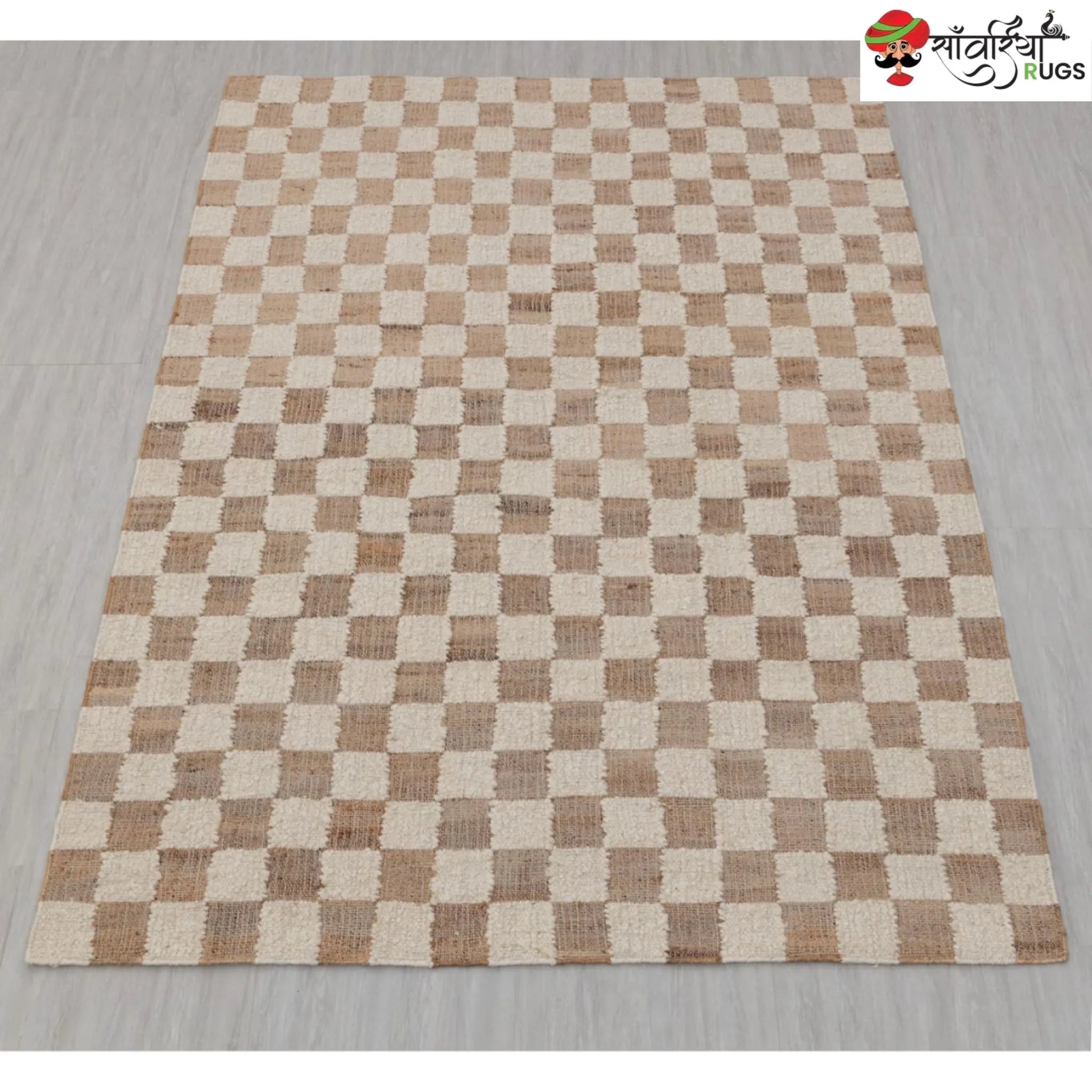 Handcrafted Checkered Jute Cotton Rug (Beige & White)