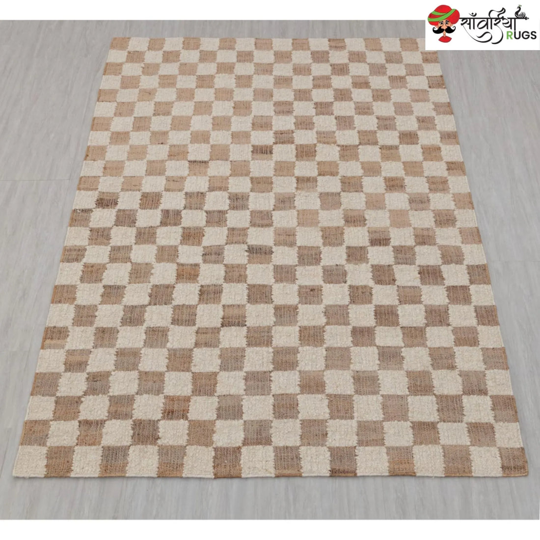 Handcrafted Checkered Jute Cotton Rug (Beige & White)
