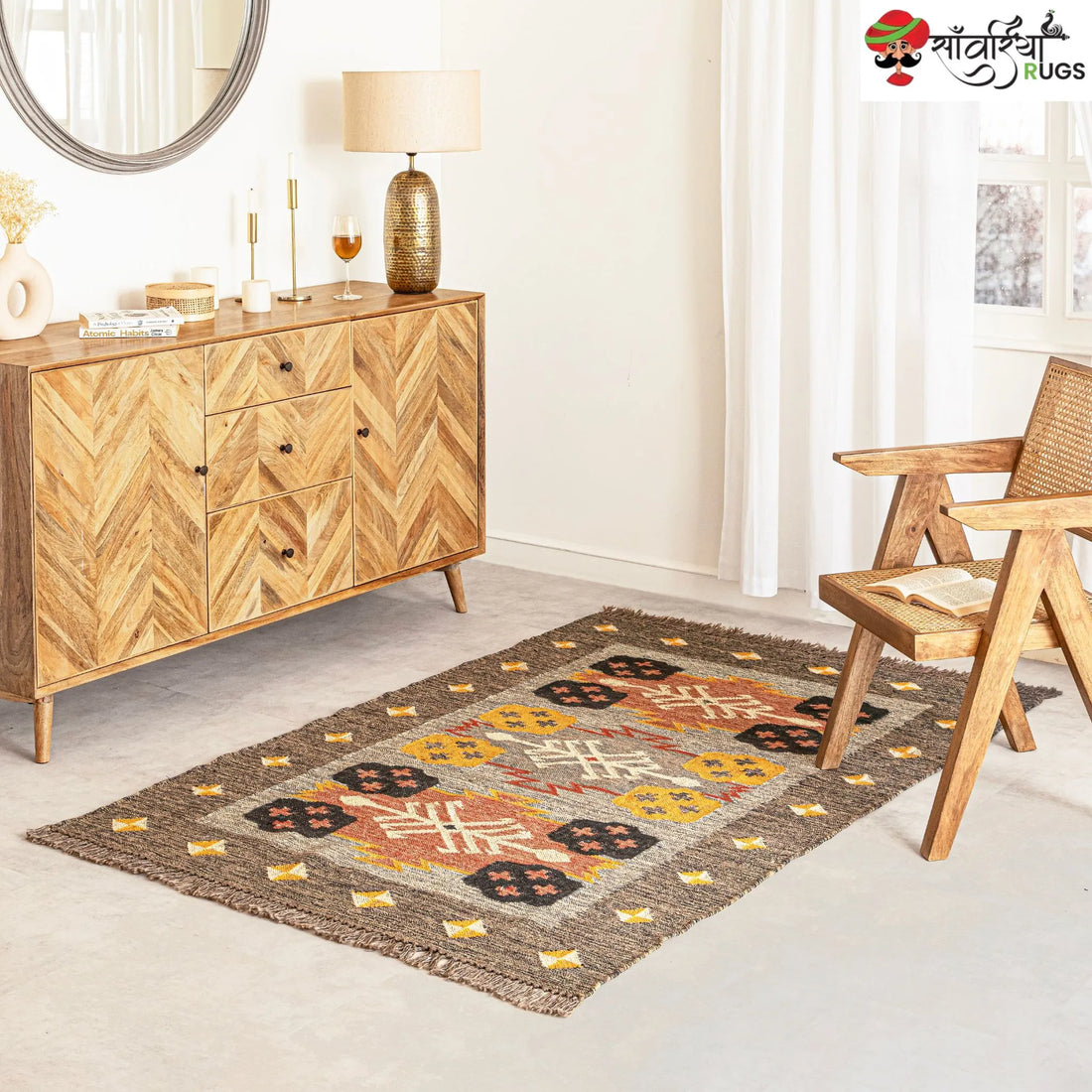 Handcrafted Boho Wool Jute Kilim Area Rug – Multicolor Handmade Dhurrie