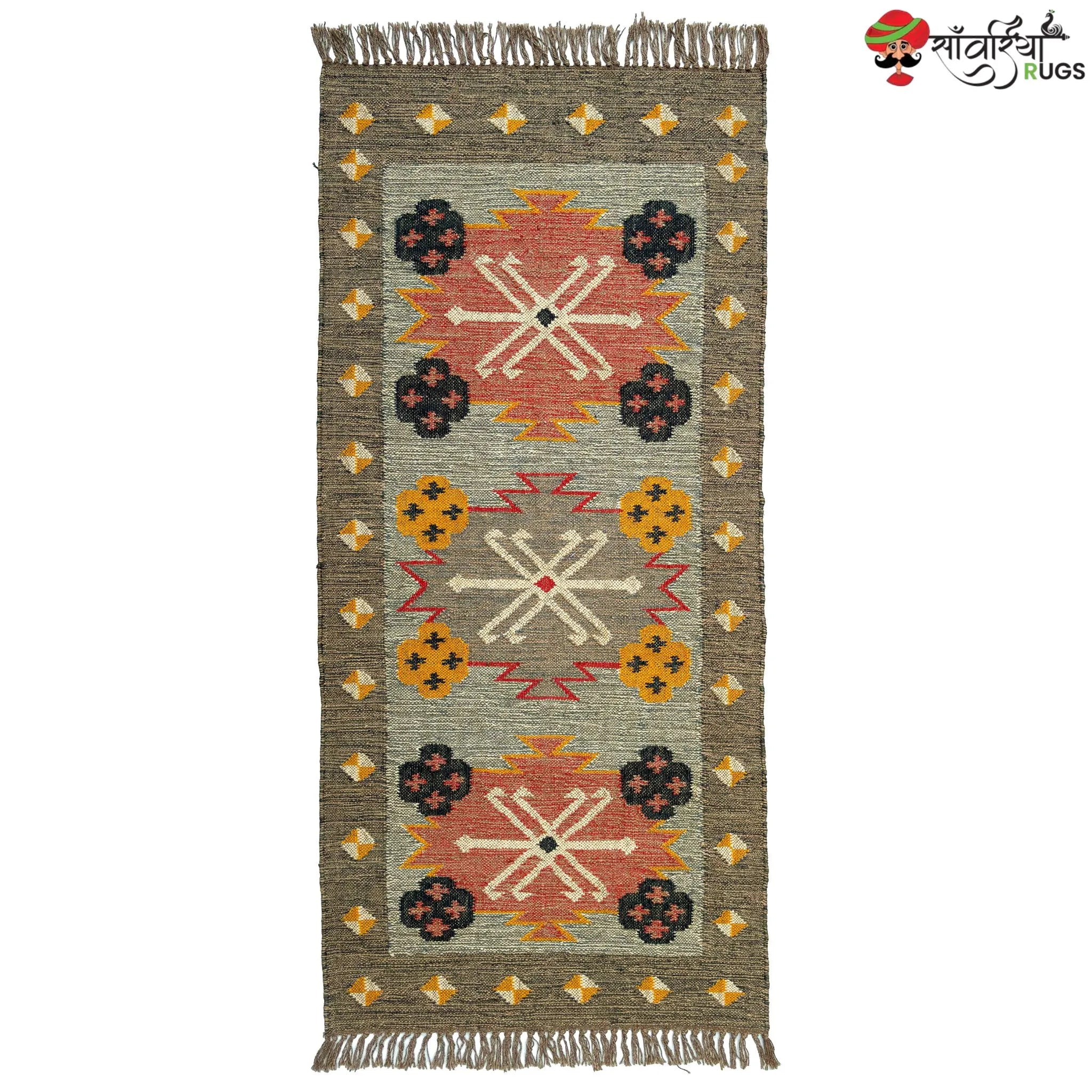 Handcrafted Boho Wool Jute Kilim Area Rug – Multicolor Handmade Dhurrie
