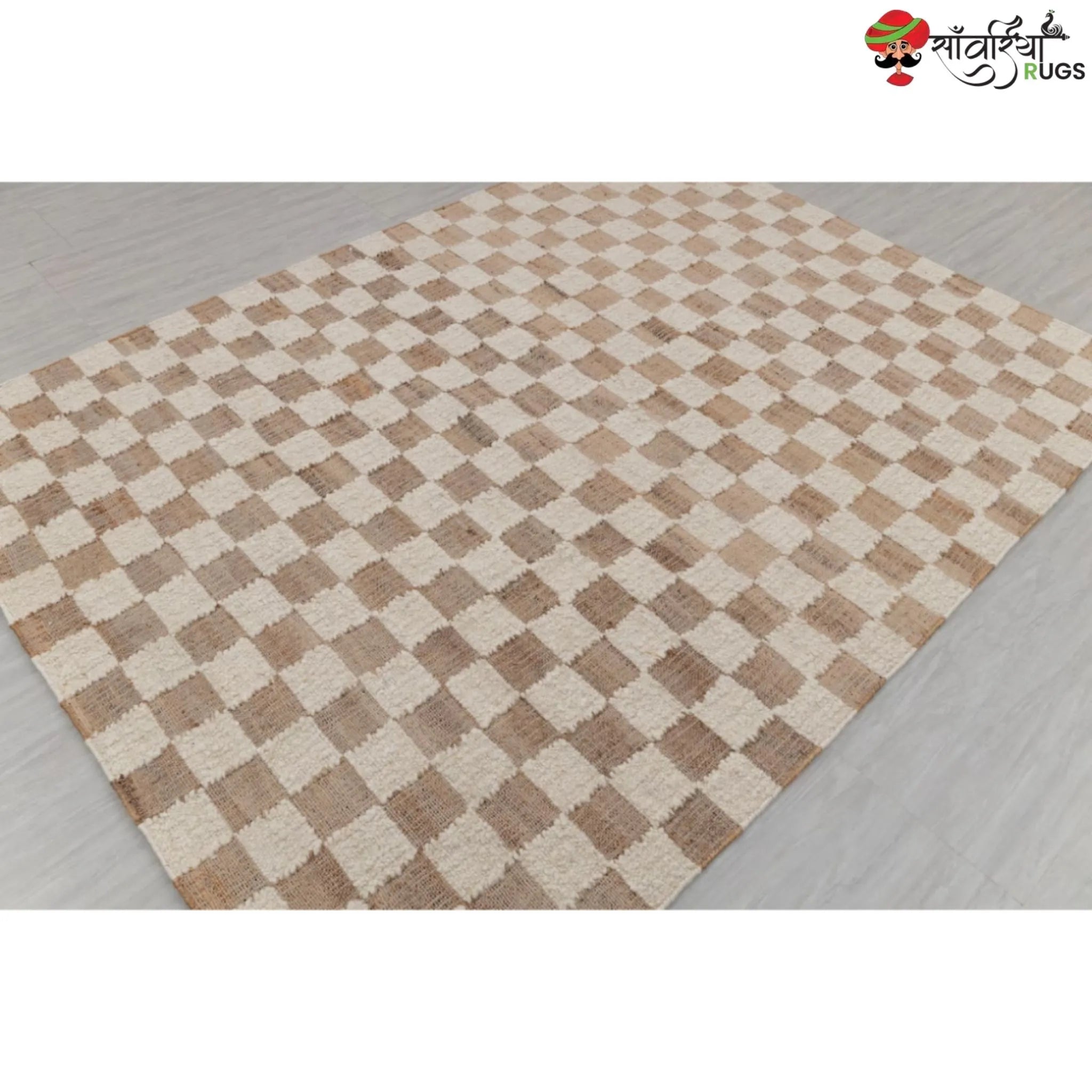 Handcrafted Checkered Jute Cotton Rug (Beige & White)