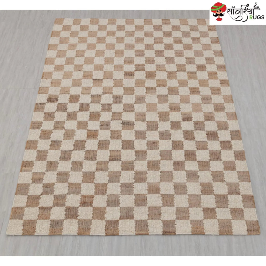 Handcrafted Checkered Jute Cotton Rug (Beige & White)