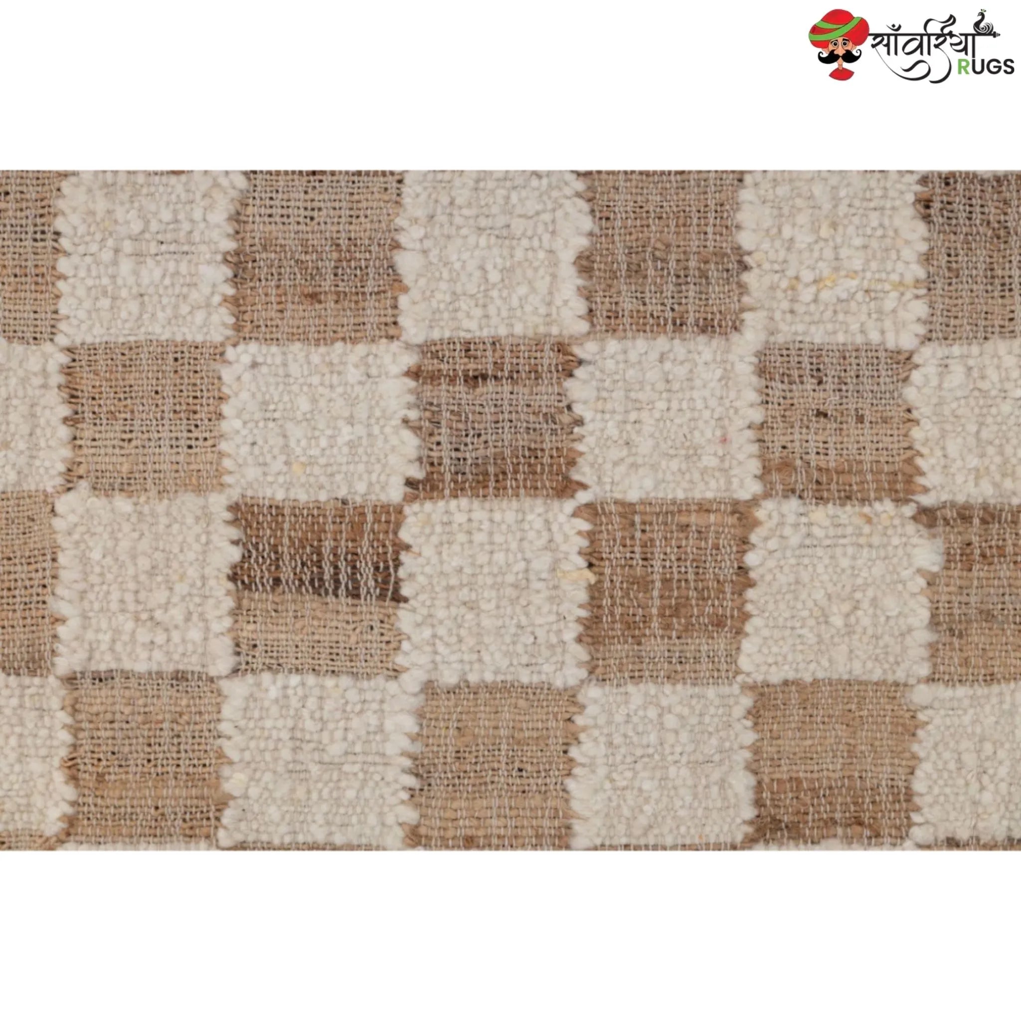 Handcrafted Checkered Jute Cotton Rug (Beige & White)