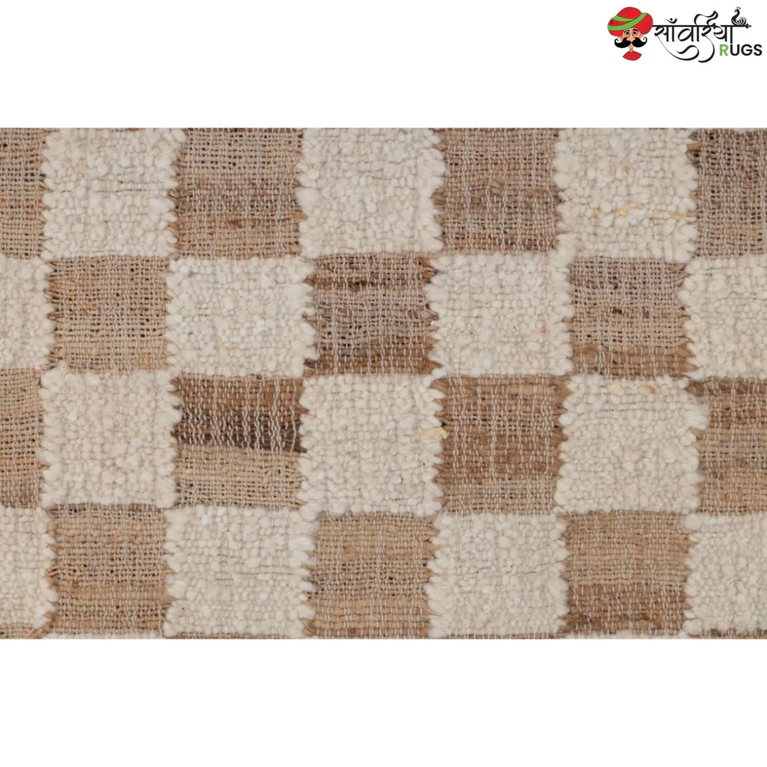 Handcrafted Checkered Jute Cotton Rug (Beige & White)