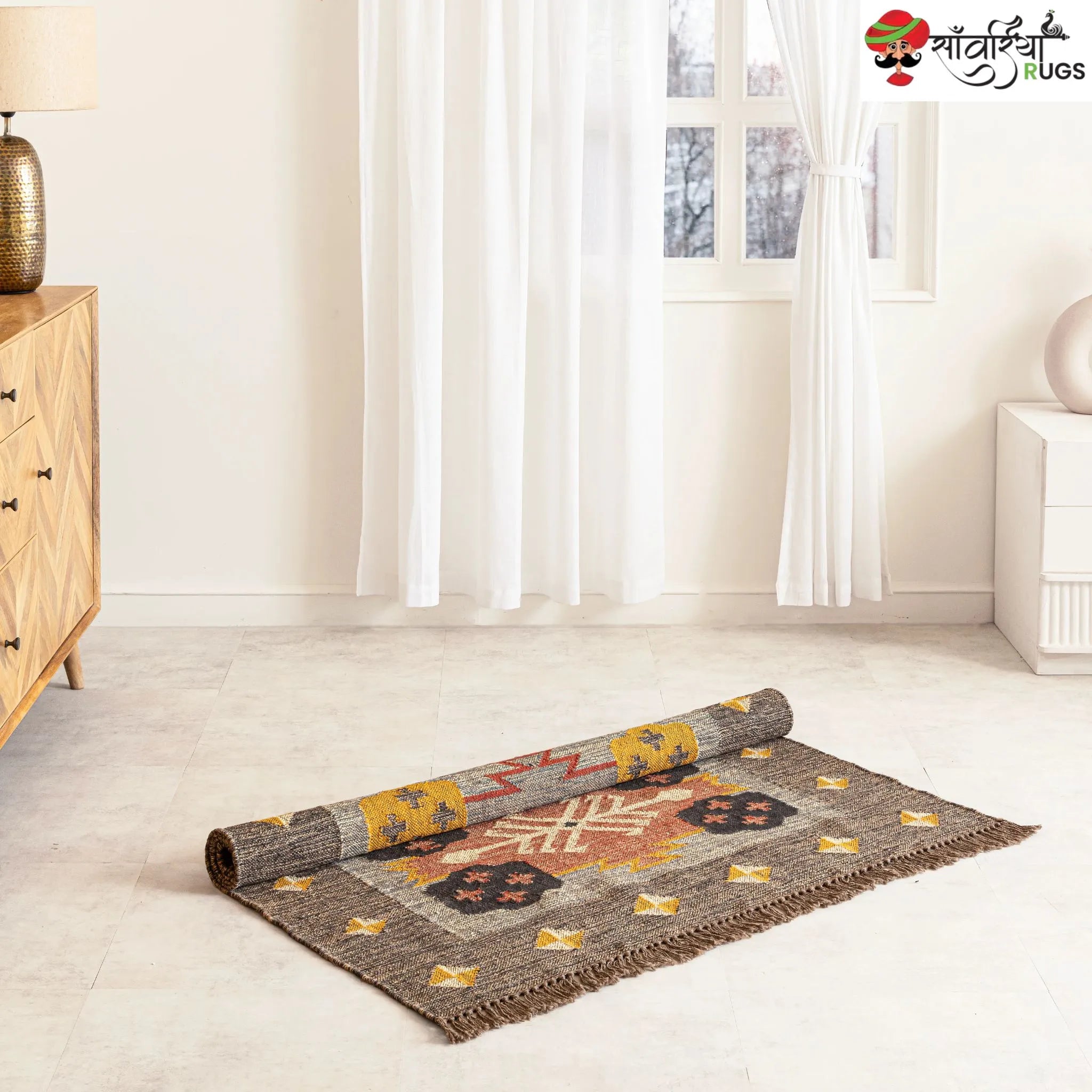 Handcrafted Boho Wool Jute Kilim Area Rug – Multicolor Handmade Dhurrie