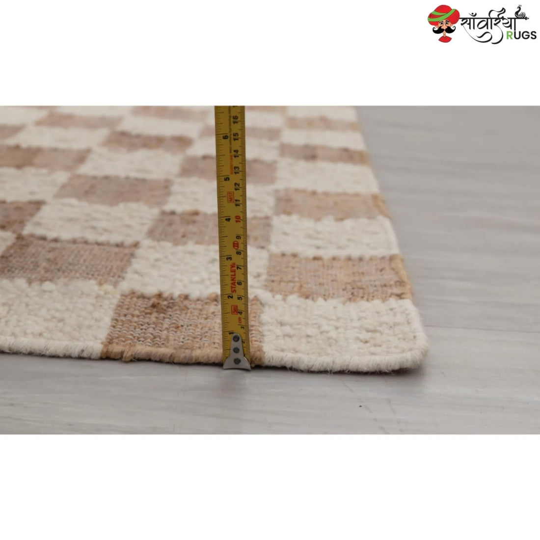 Handcrafted Checkered Jute Cotton Rug (Beige & White)