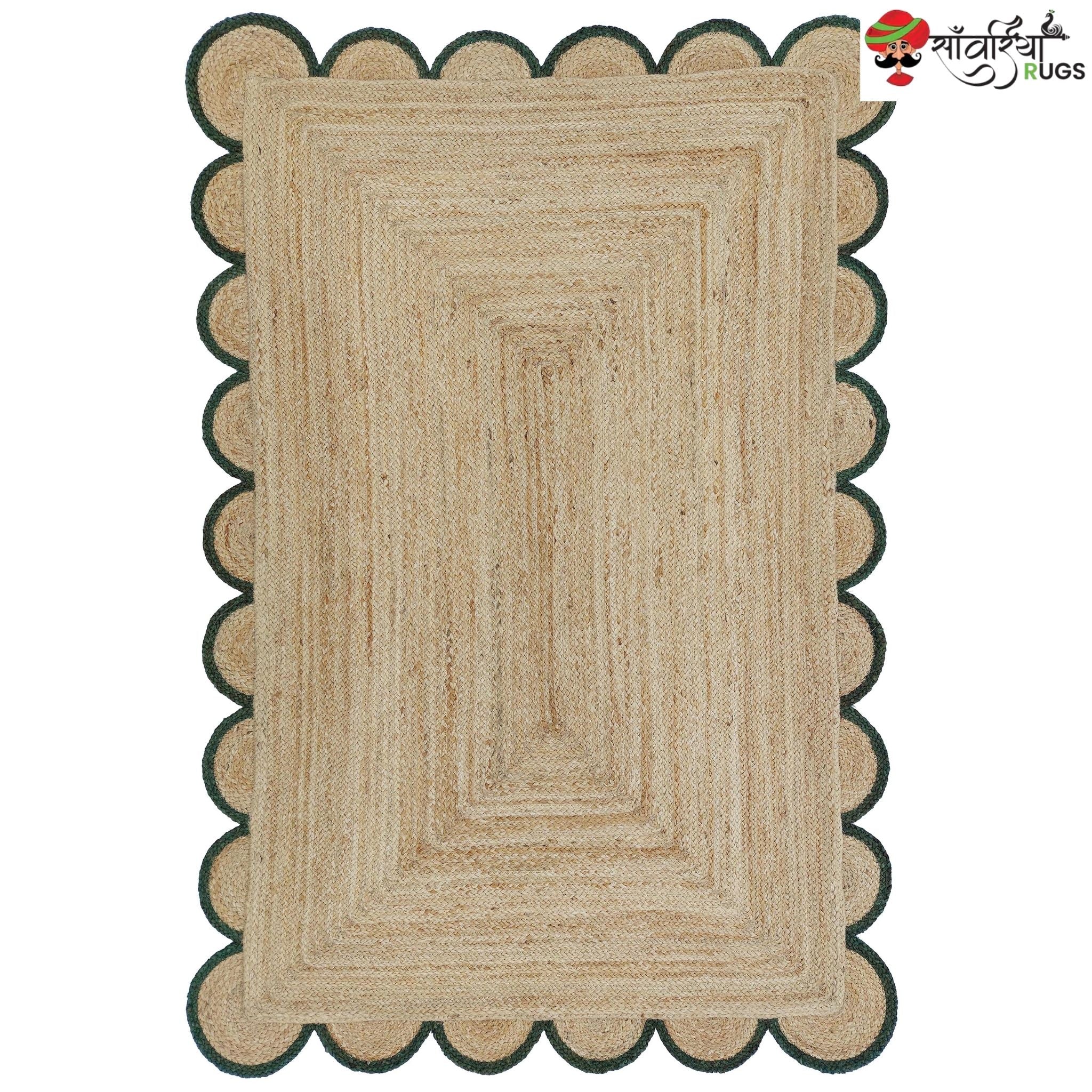Handmade Braided Natural Jute Rug with Multicolor Scalloped Border