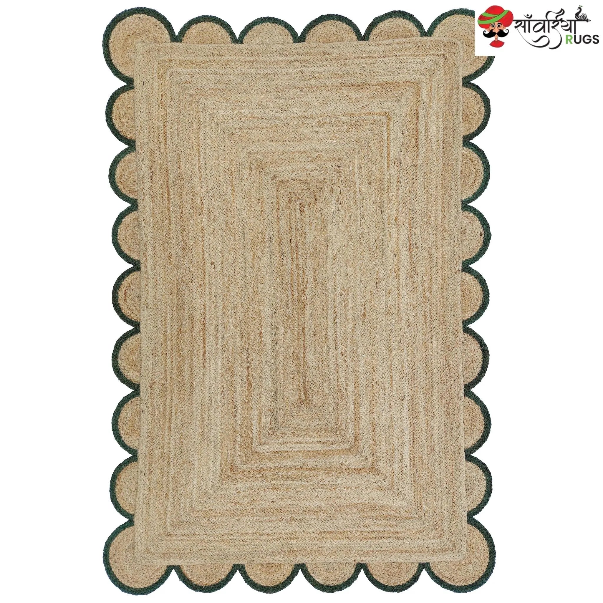 Handmade Braided Natural Jute Area Rug with Scalloped Border & Multicolor Design