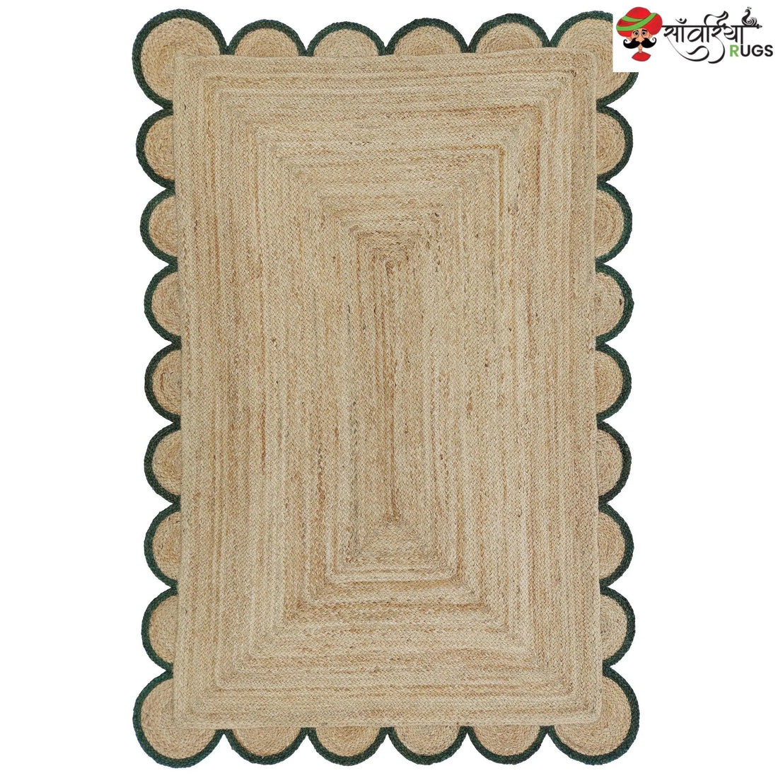 Handmade Braided Natural Jute Area Rug with Scalloped Border & Multicolor Design