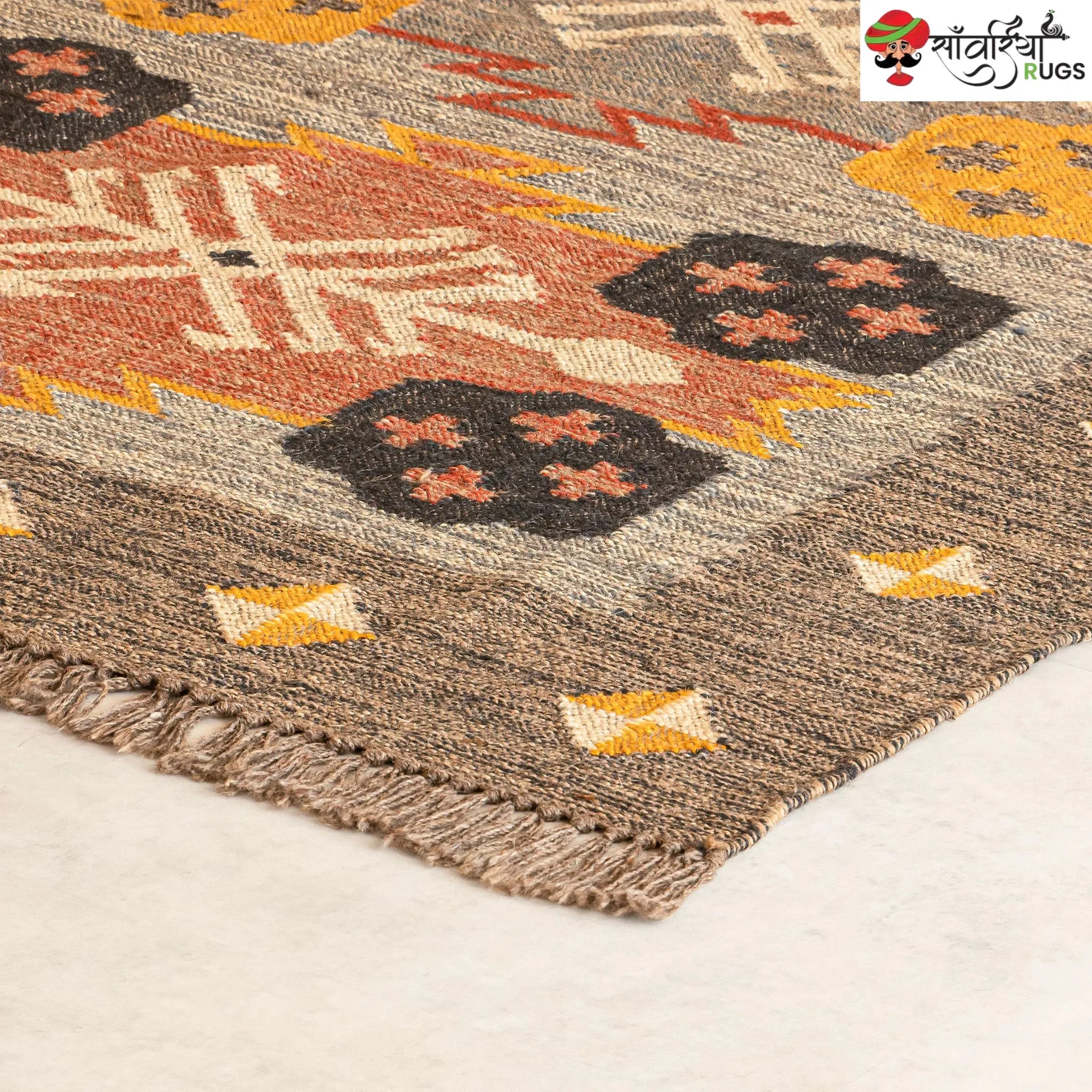 Handcrafted Boho Wool Jute Kilim Area Rug – Multicolor Handmade Dhurrie