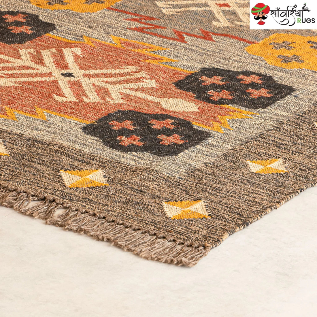 Handcrafted Boho Wool Jute Kilim Area Rug – Multicolor Handmade Dhurrie