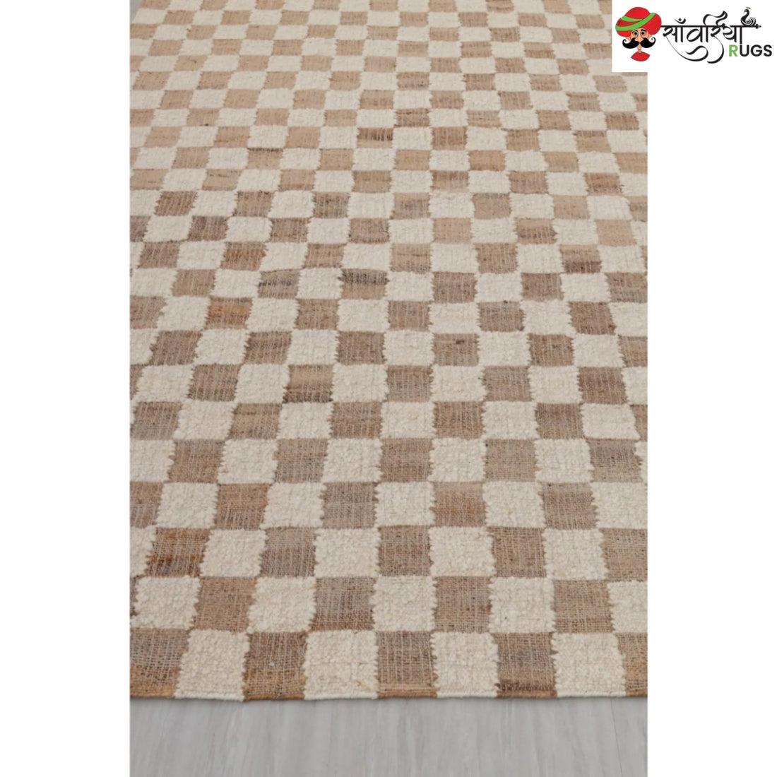 Handcrafted Checkered Jute Cotton Rug (Beige & White)