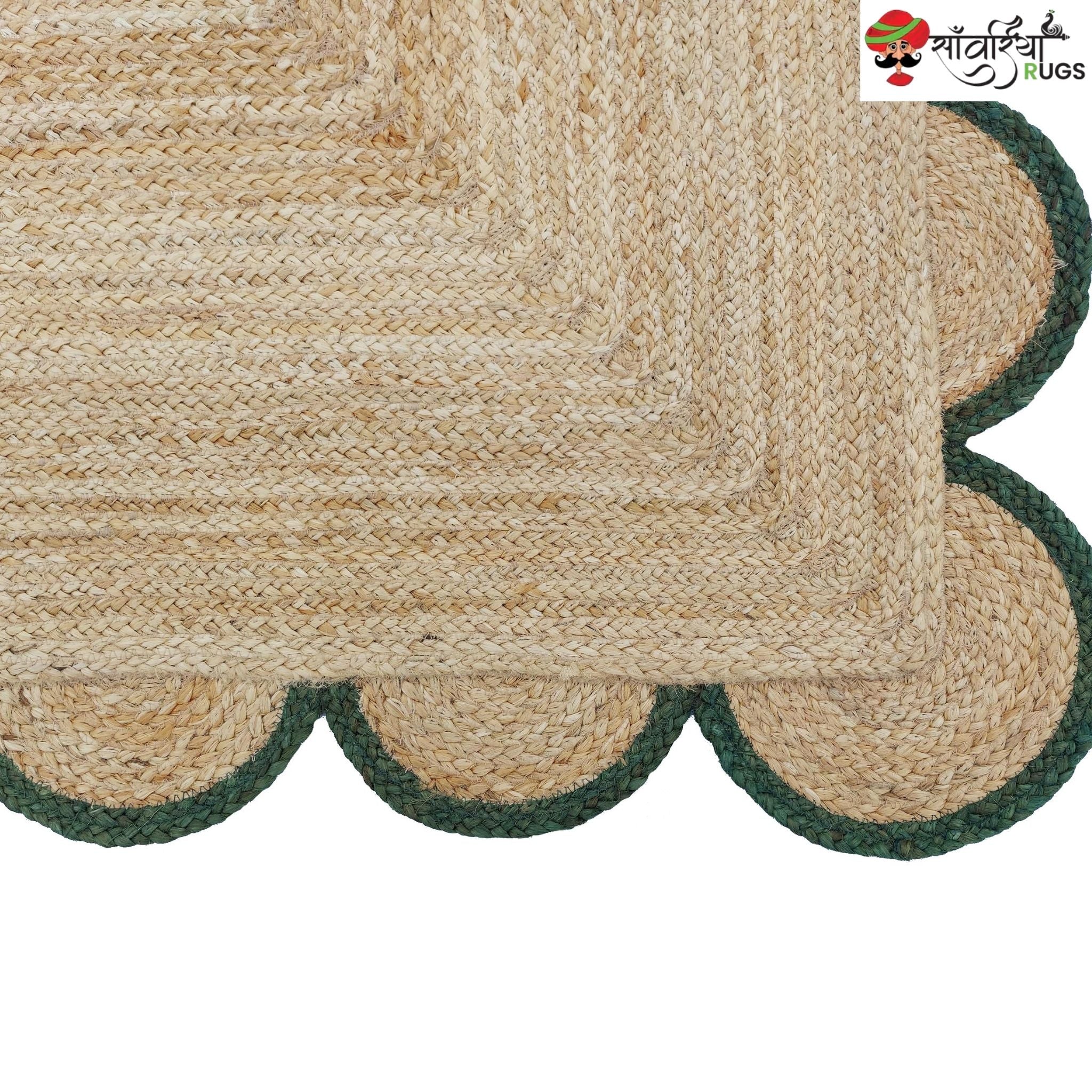 Handmade Braided Natural Jute Rug with Multicolor Scalloped Border
