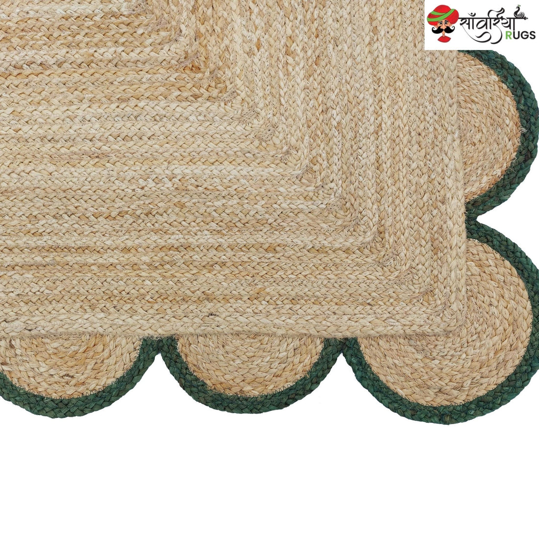 Handmade Braided Natural Jute Rug with Multicolor Scalloped Border