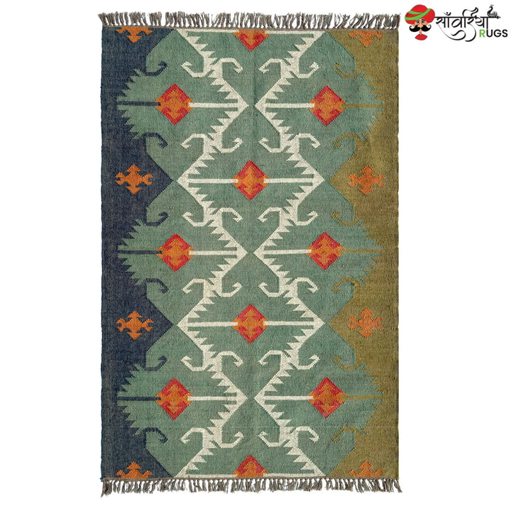 Handwoven Jute Wool Rustic Kilim Boho Area Rug – Flatweave Dhurrie
