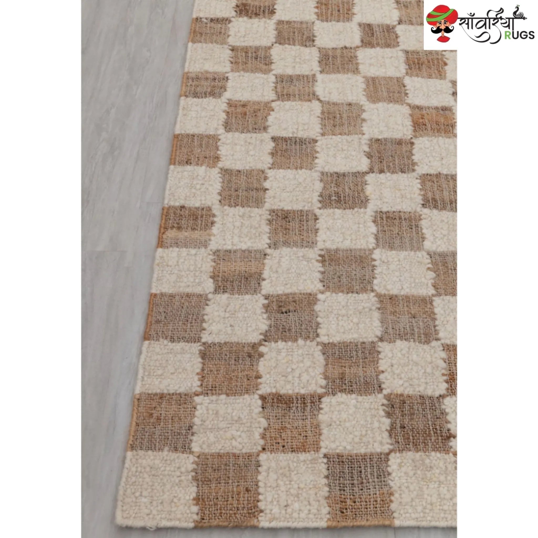 Handcrafted Checkered Jute Cotton Rug (Beige & White)