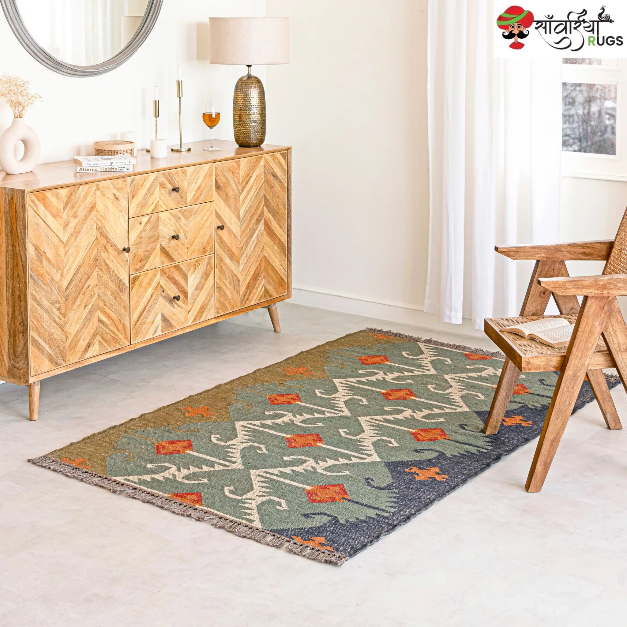 Handwoven Jute Wool Rustic Kilim Boho Area Rug – Flatweave Dhurrie