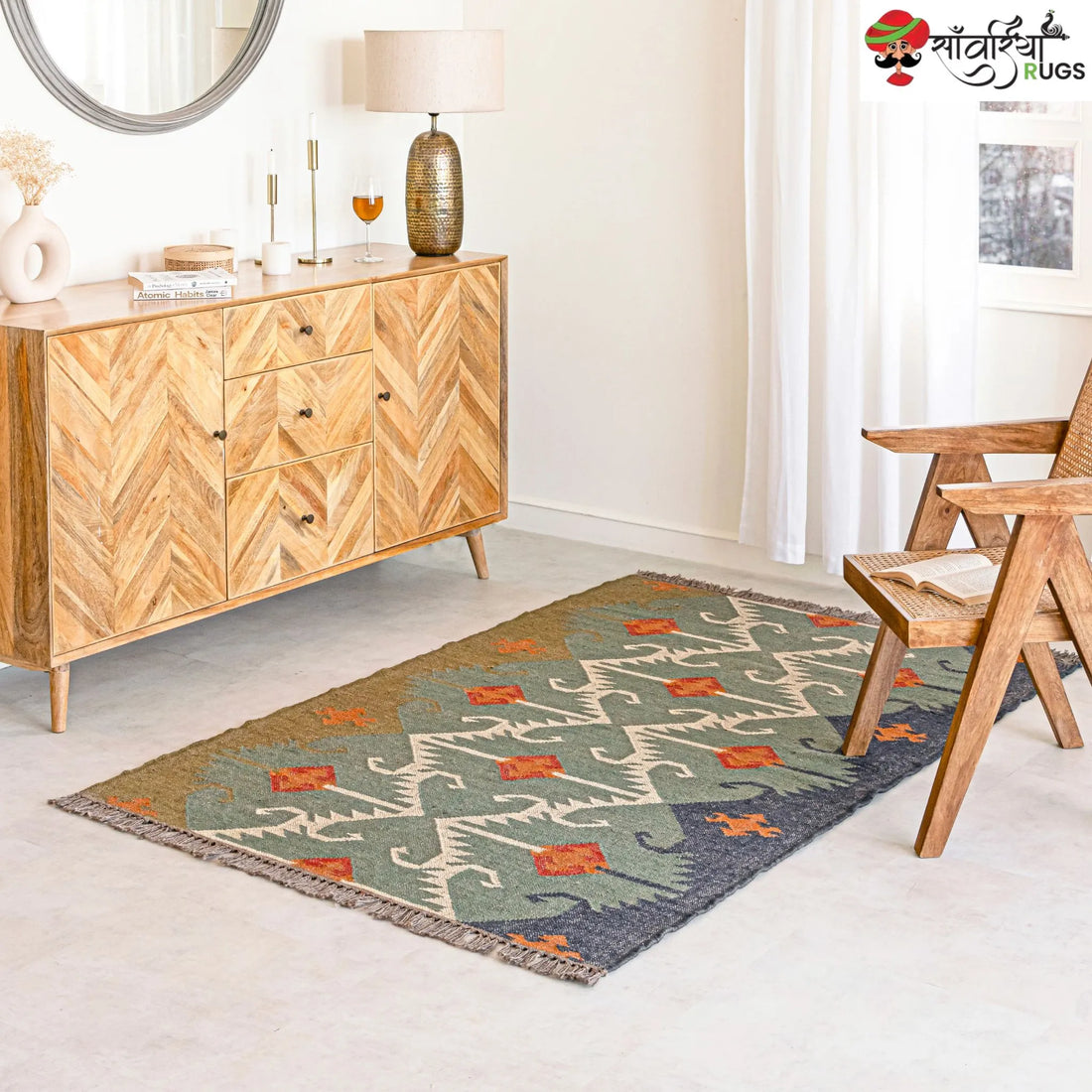 Handwoven Jute Wool Rustic Kilim Boho Area Rug – Flatweave Dhurrie