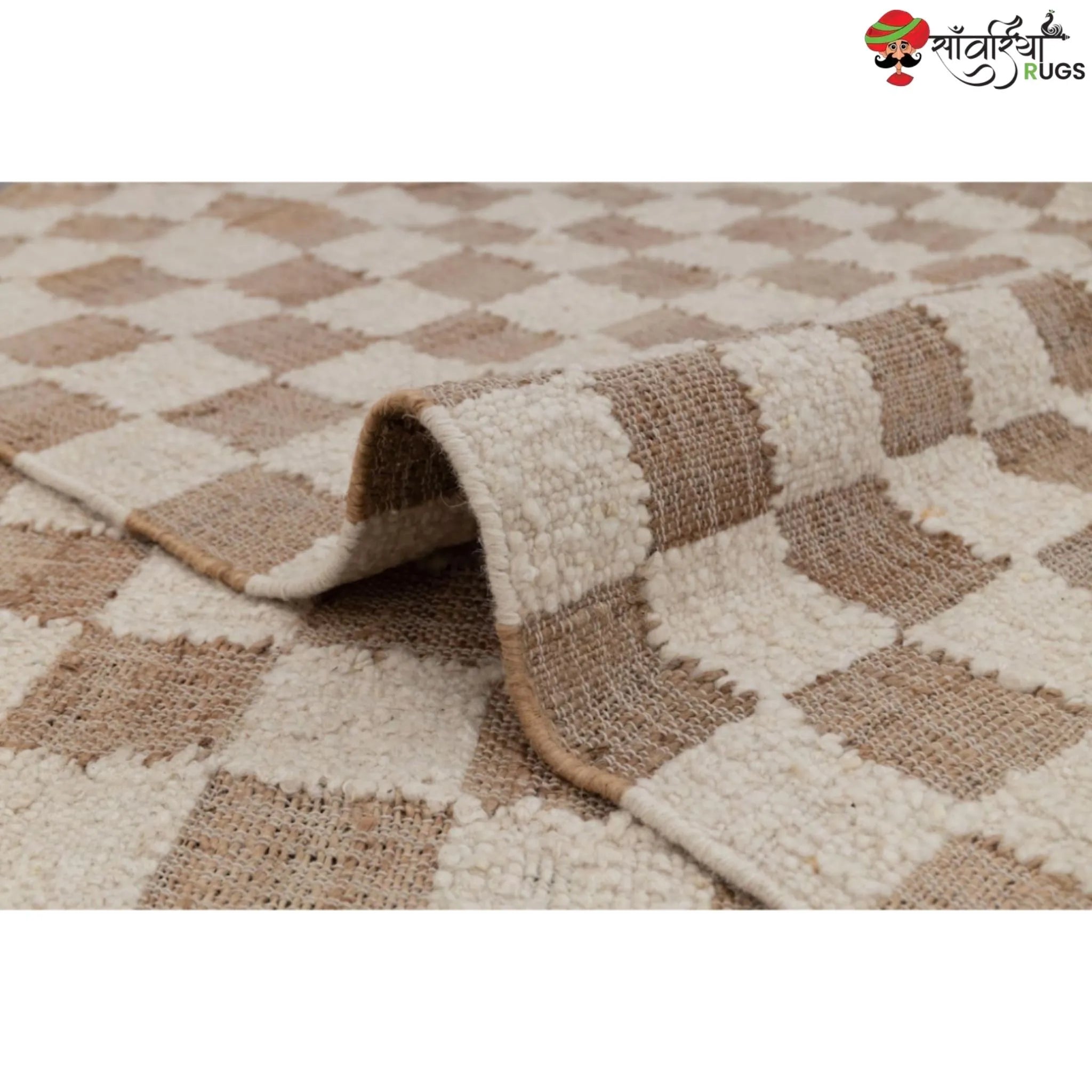 Handcrafted Checkered Jute Cotton Rug (Beige & White)