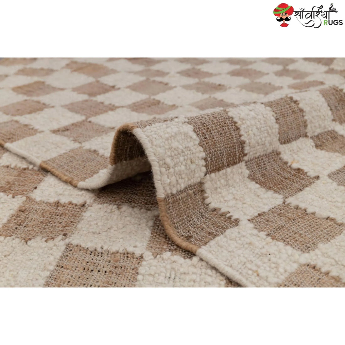 Handcrafted Checkered Jute Cotton Rug (Beige & White)