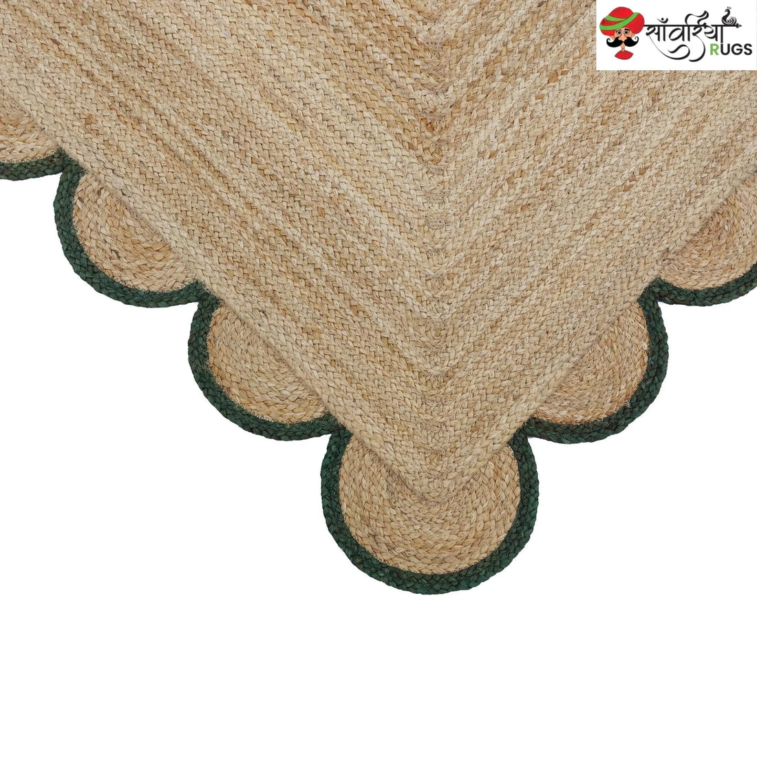 Handmade Braided Natural Jute Area Rug with Scalloped Border & Multicolor Design
