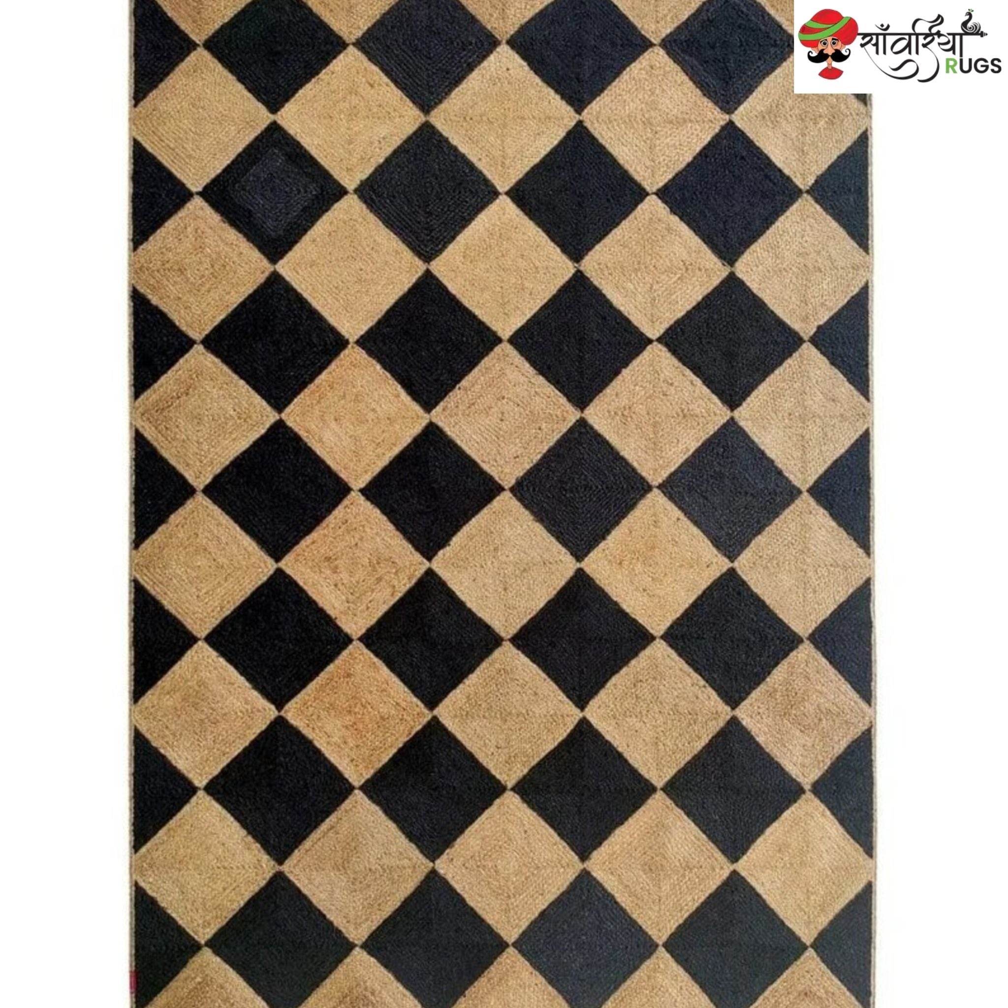 Handwoven Braided Jute Rug with Black Diamond Pattern & Tassels