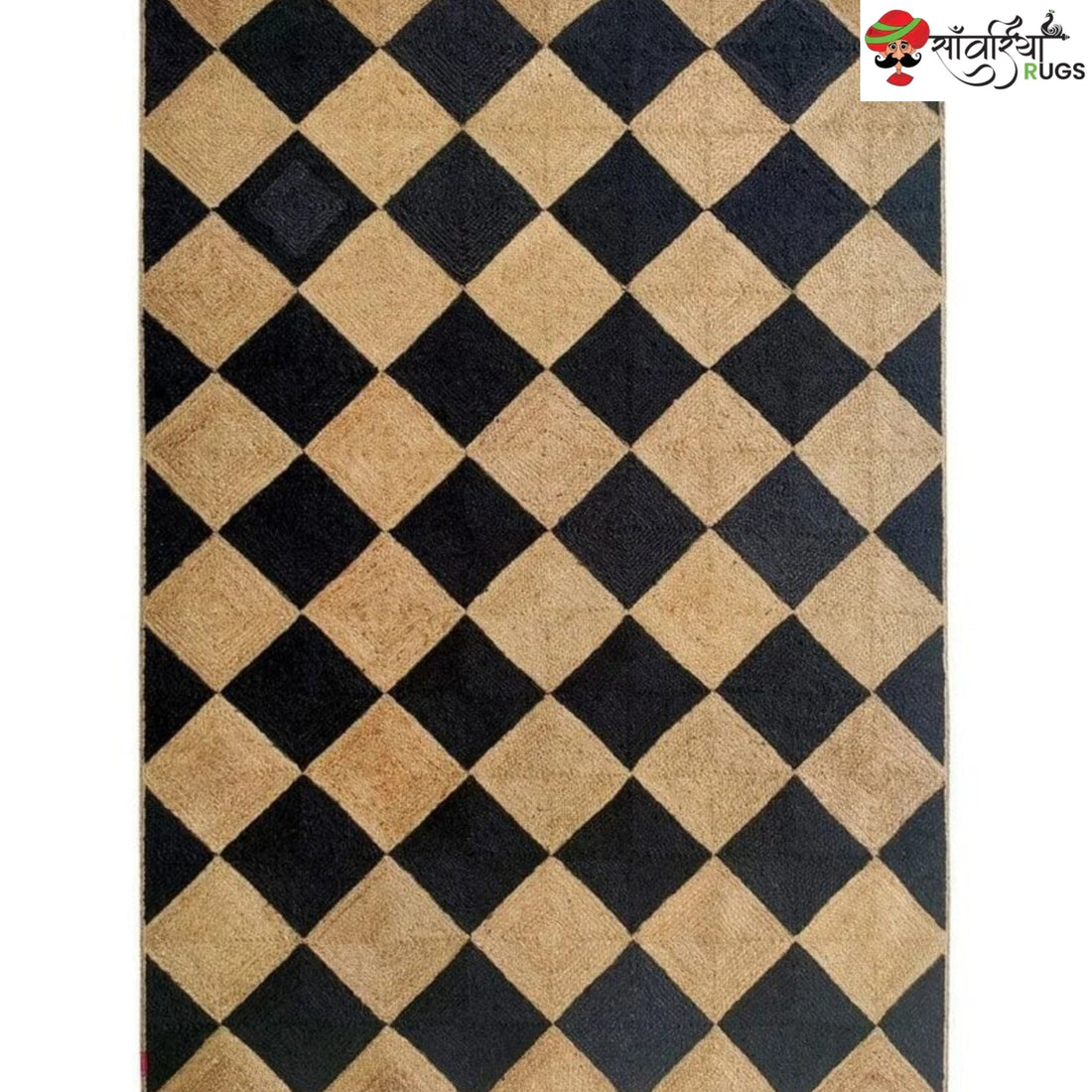 Handwoven Braided Jute Rug with Black Diamond Pattern & Tassels